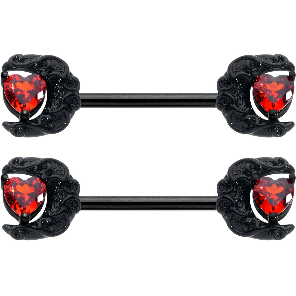 BodyCandy 14G 9/16 Red CZ Gem Black Scroll Moon Heart Barbell Nipple Ring Set — detail close-up