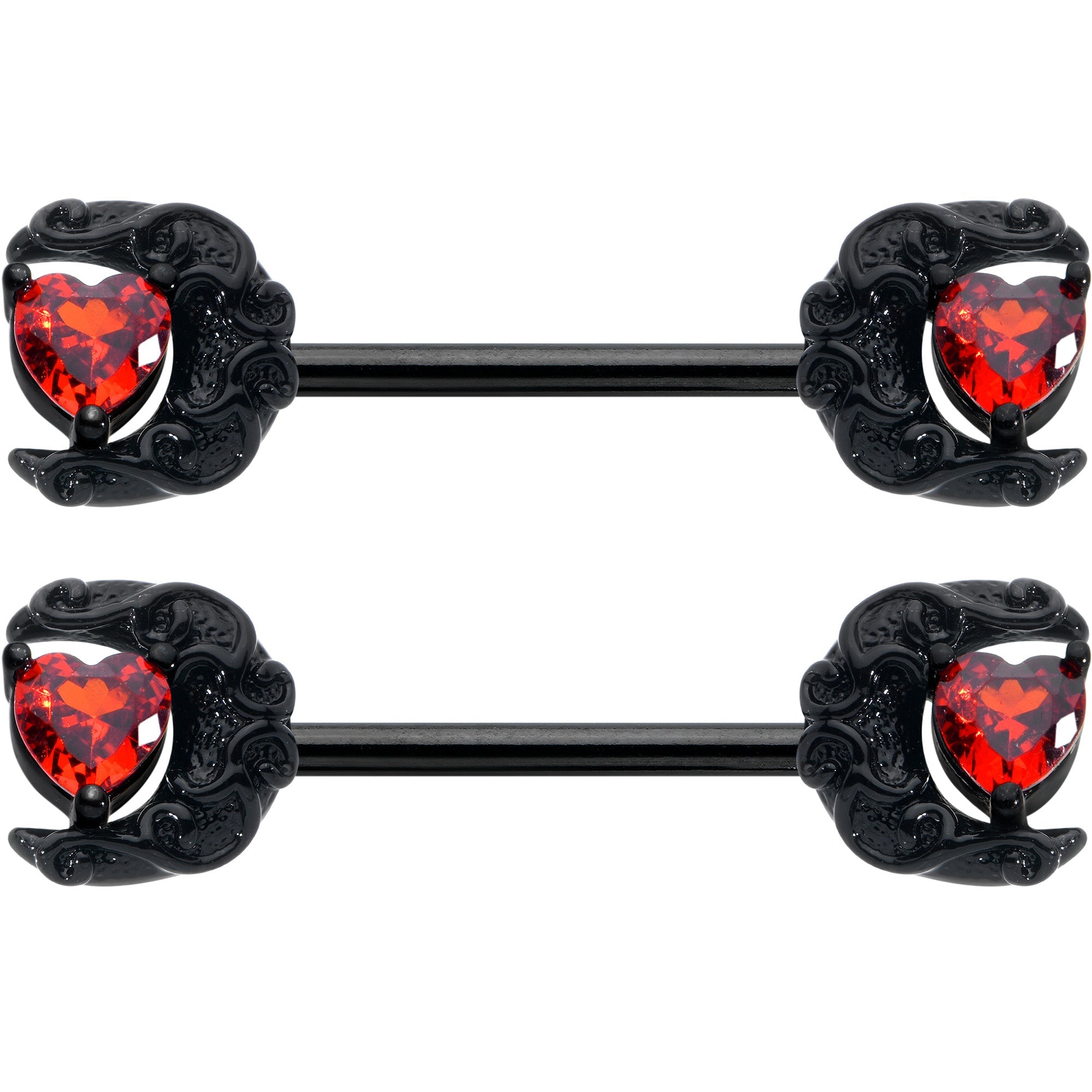 BodyCandy 14G 9/16 Red CZ Gem Black Scroll Moon Heart Barbell Nipple Ring Set — detail close-up