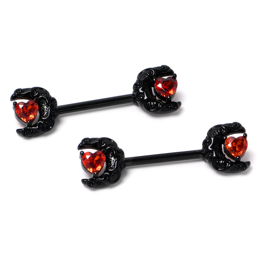 BodyCandy 14G 9/16 Red CZ Gem Black Scroll Moon Heart Barbell Nipple Ring Set — side view