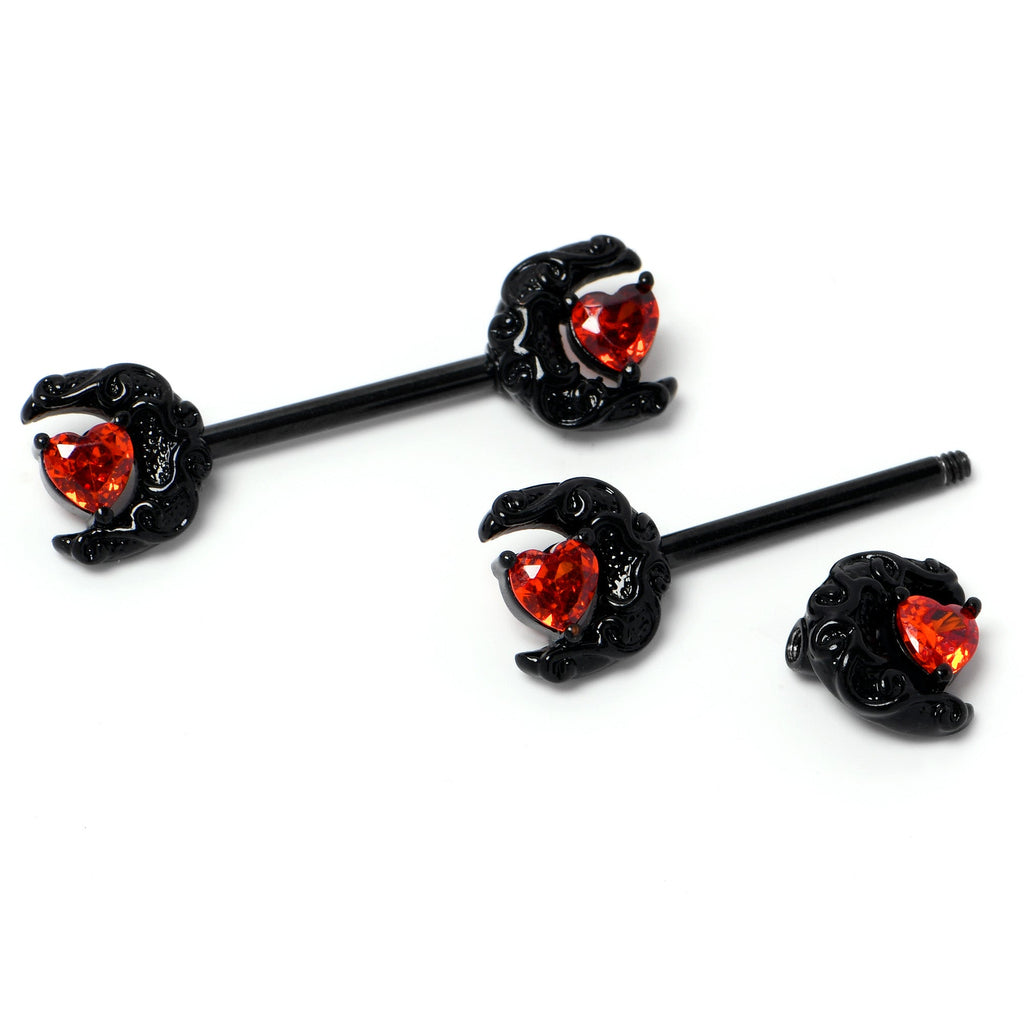 BodyCandy 14G 9/16 Red CZ Gem Black Scroll Moon Heart Barbell Nipple Ring Set — back view