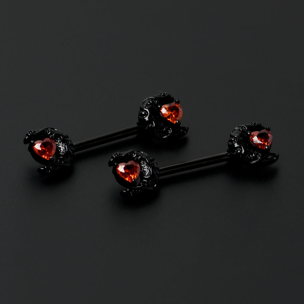 BodyCandy 14G 9/16 Red CZ Gem Black Scroll Moon Heart Barbell Nipple Ring Set — alternative angle