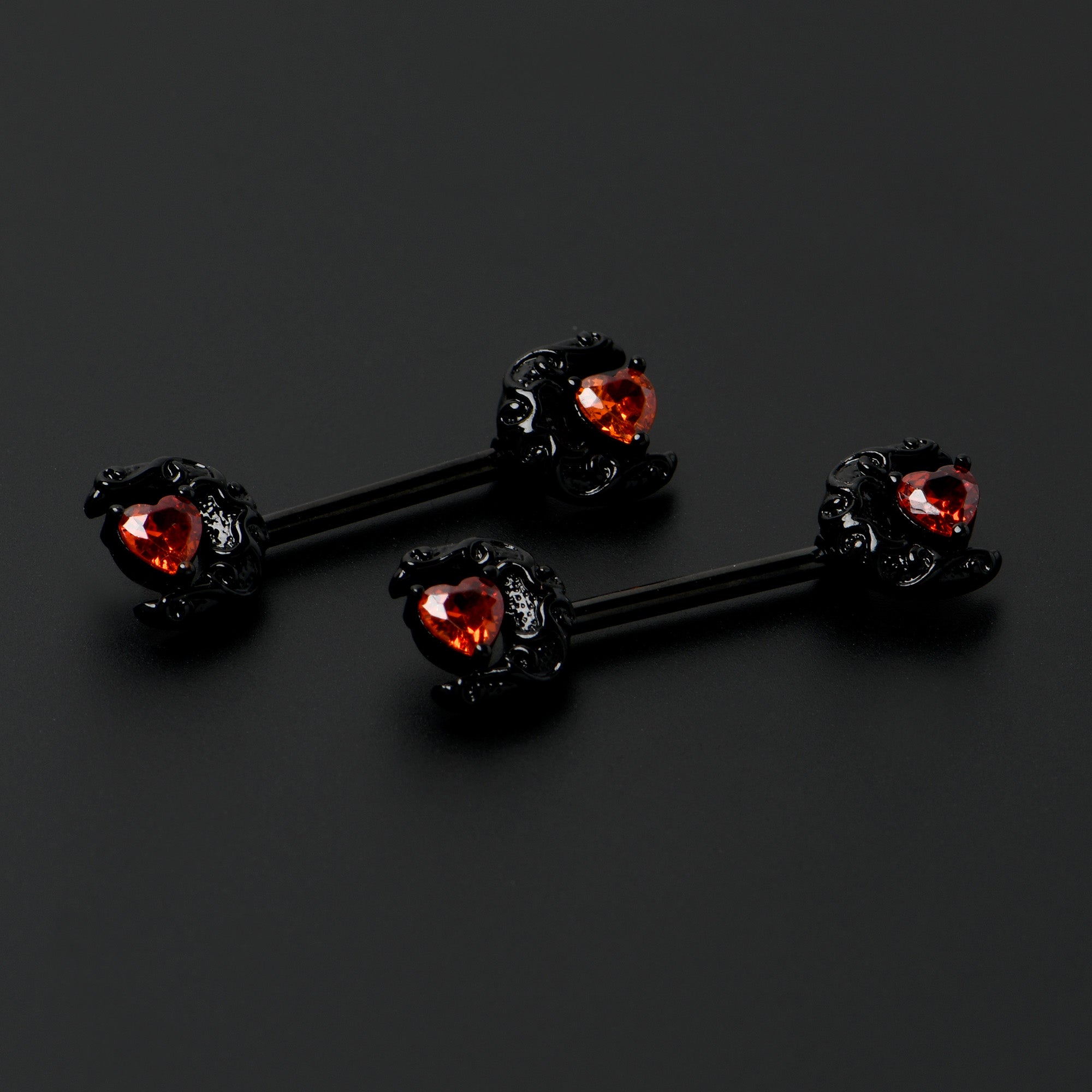 BodyCandy 14G 9/16 Red CZ Gem Black Scroll Moon Heart Barbell Nipple Ring Set — alternative angle