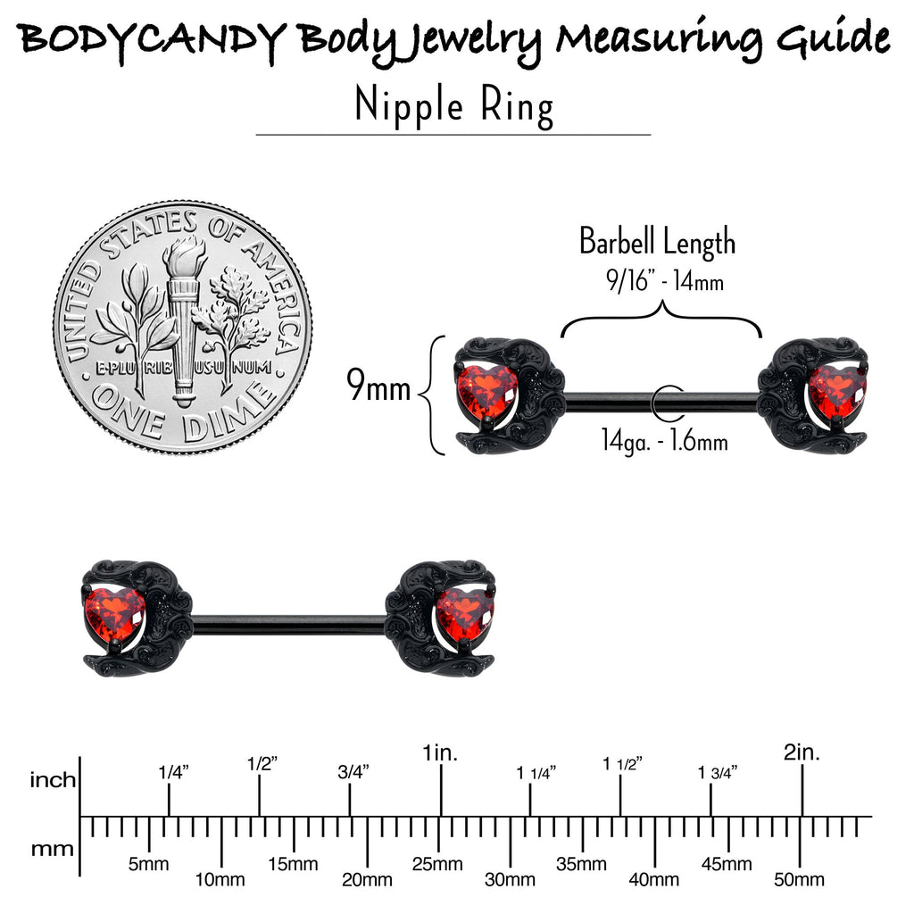 BodyCandy 14G 9/16 Red CZ Gem Black Scroll Moon Heart Barbell Nipple Ring Set — in-use photo