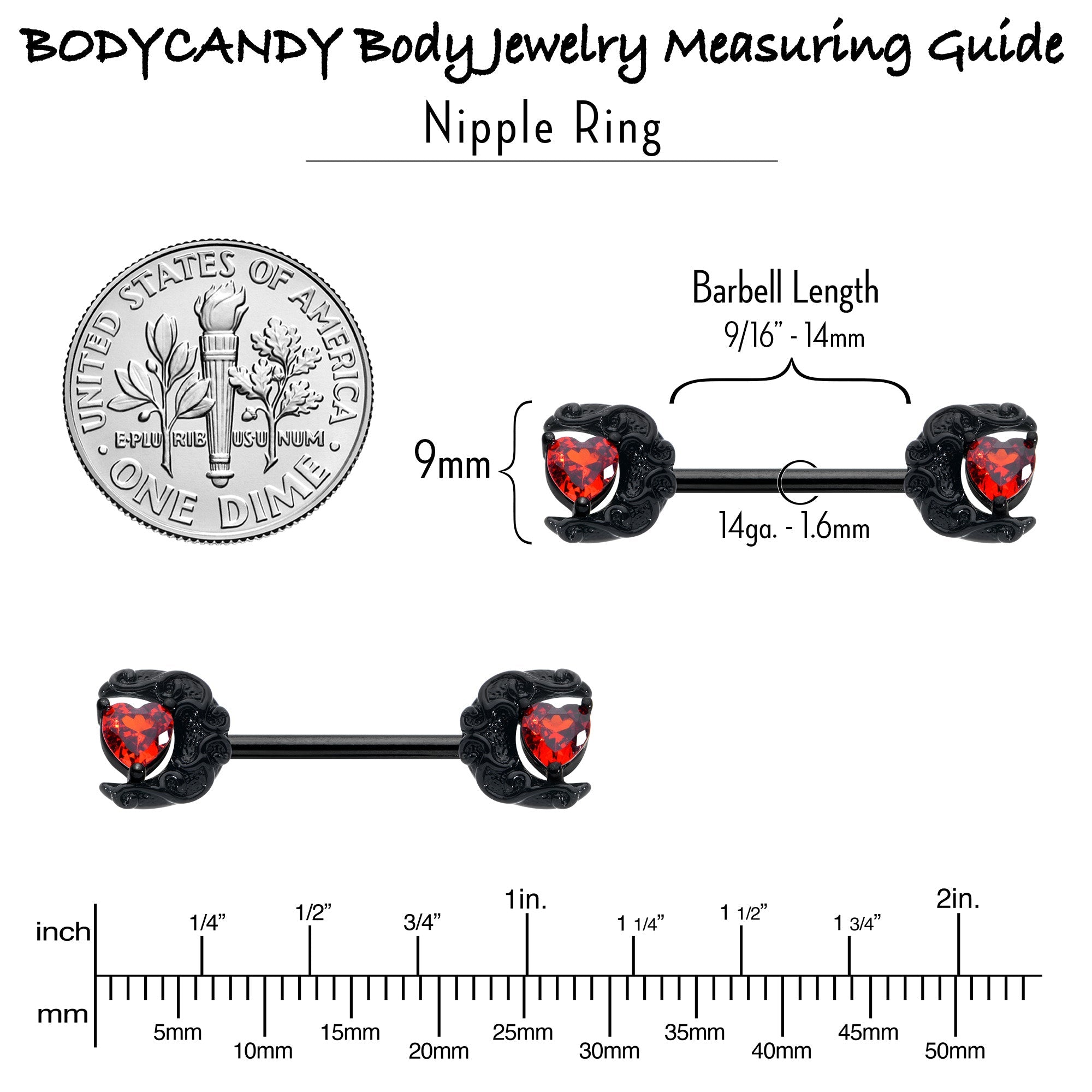 BodyCandy 14G 9/16 Red CZ Gem Black Scroll Moon Heart Barbell Nipple Ring Set — in-use photo
