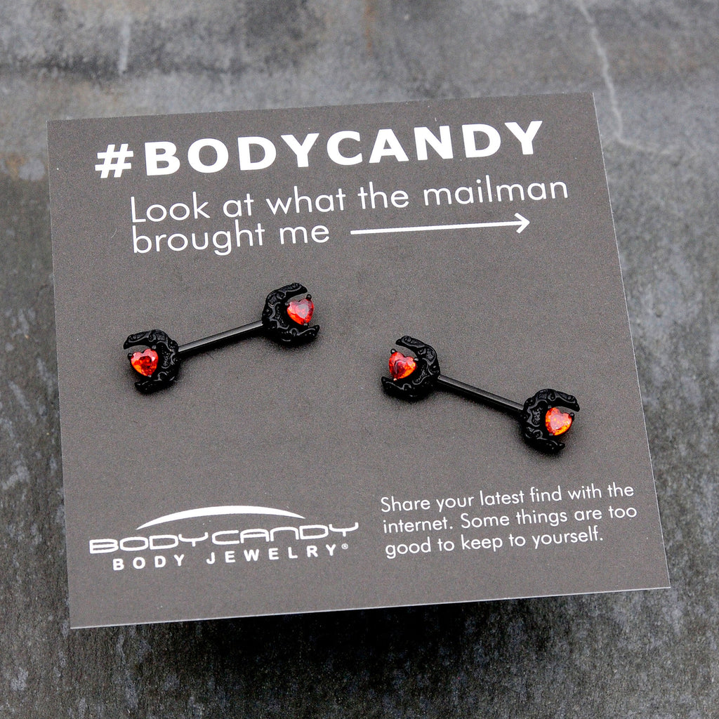 BodyCandy 14G 9/16 Red CZ Gem Black Scroll Moon Heart Barbell Nipple Ring Set — size reference