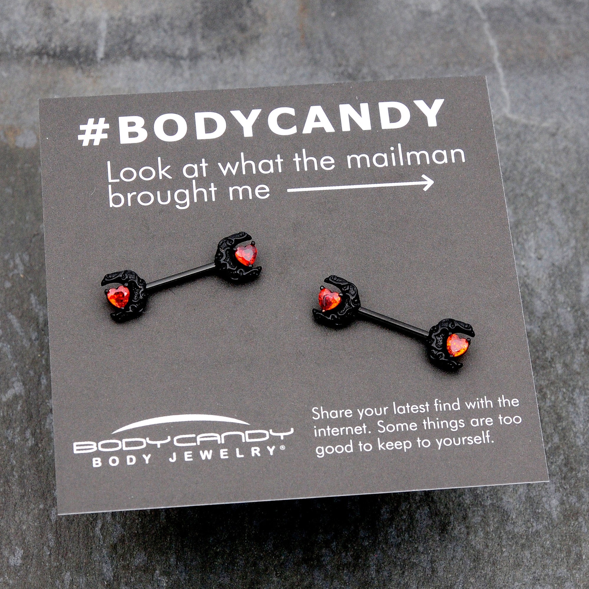 BodyCandy 14G 9/16 Red CZ Gem Black Scroll Moon Heart Barbell Nipple Ring Set — size reference