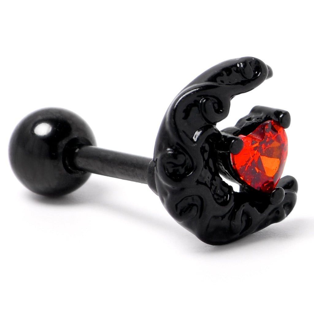 BodyCandy 16G 1/4 Red CZ Gem Black Scroll Moon Heart Cartilage Tragus Earring — back view