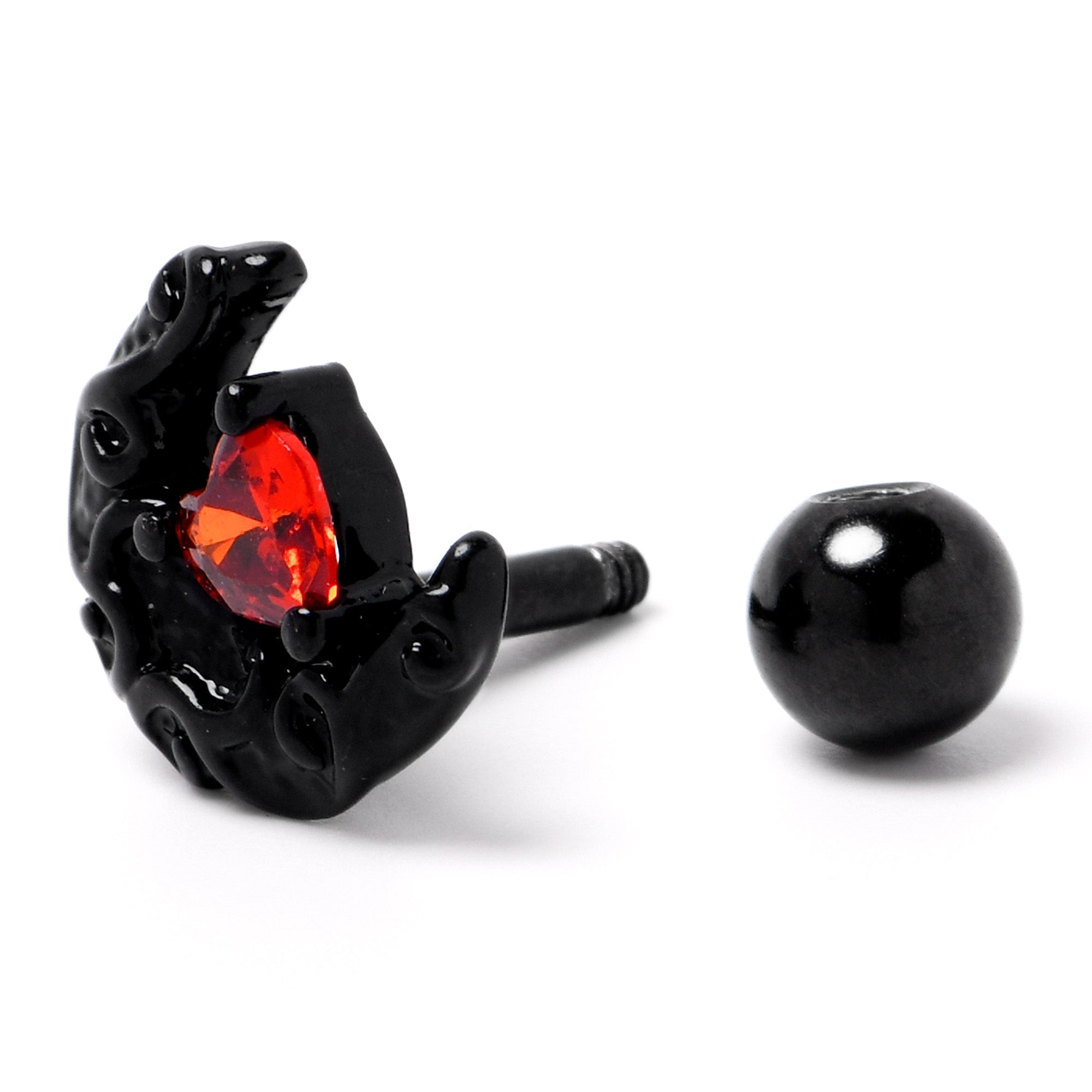 BodyCandy 16G 1/4 Red CZ Gem Black Scroll Moon Heart Cartilage Tragus Earring — alternative angle