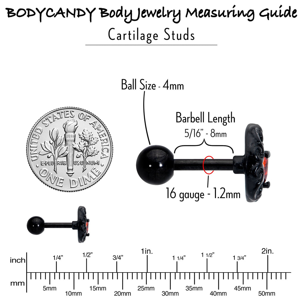 BodyCandy 16G 1/4 Red CZ Gem Black Scroll Moon Heart Cartilage Tragus Earring — in-use photo