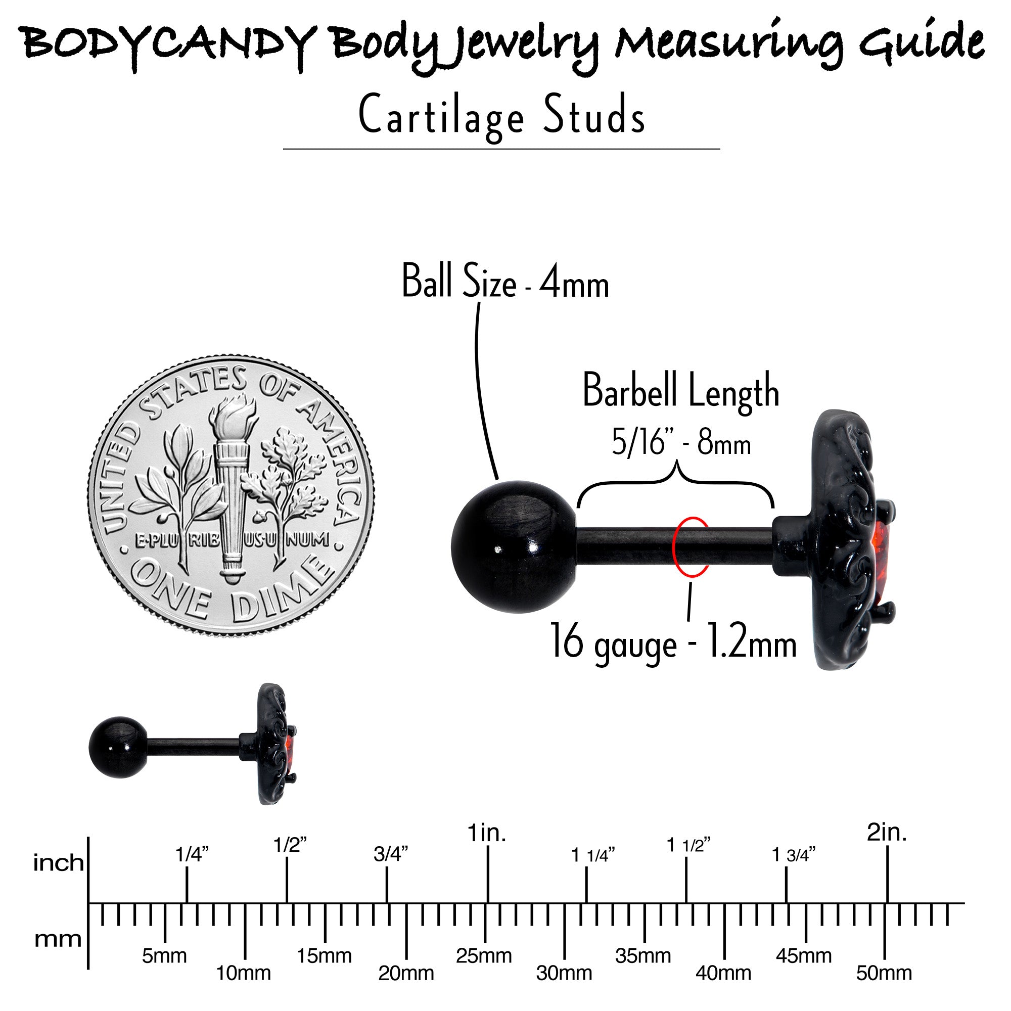 BodyCandy 16G 1/4 Red CZ Gem Black Scroll Moon Heart Cartilage Tragus Earring — in-use photo