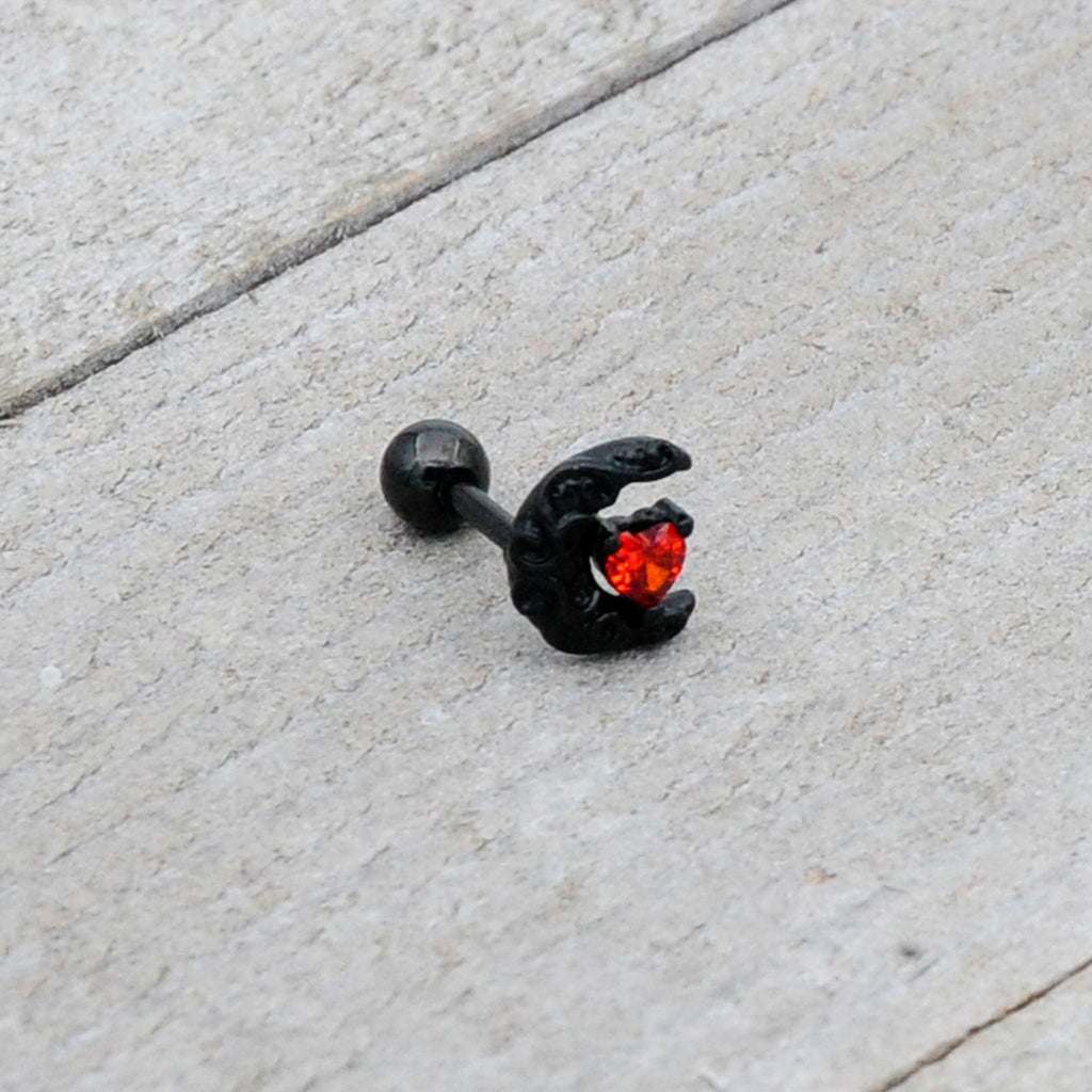 BodyCandy 16G 1/4 Red CZ Gem Black Scroll Moon Heart Cartilage Tragus Earring — size reference