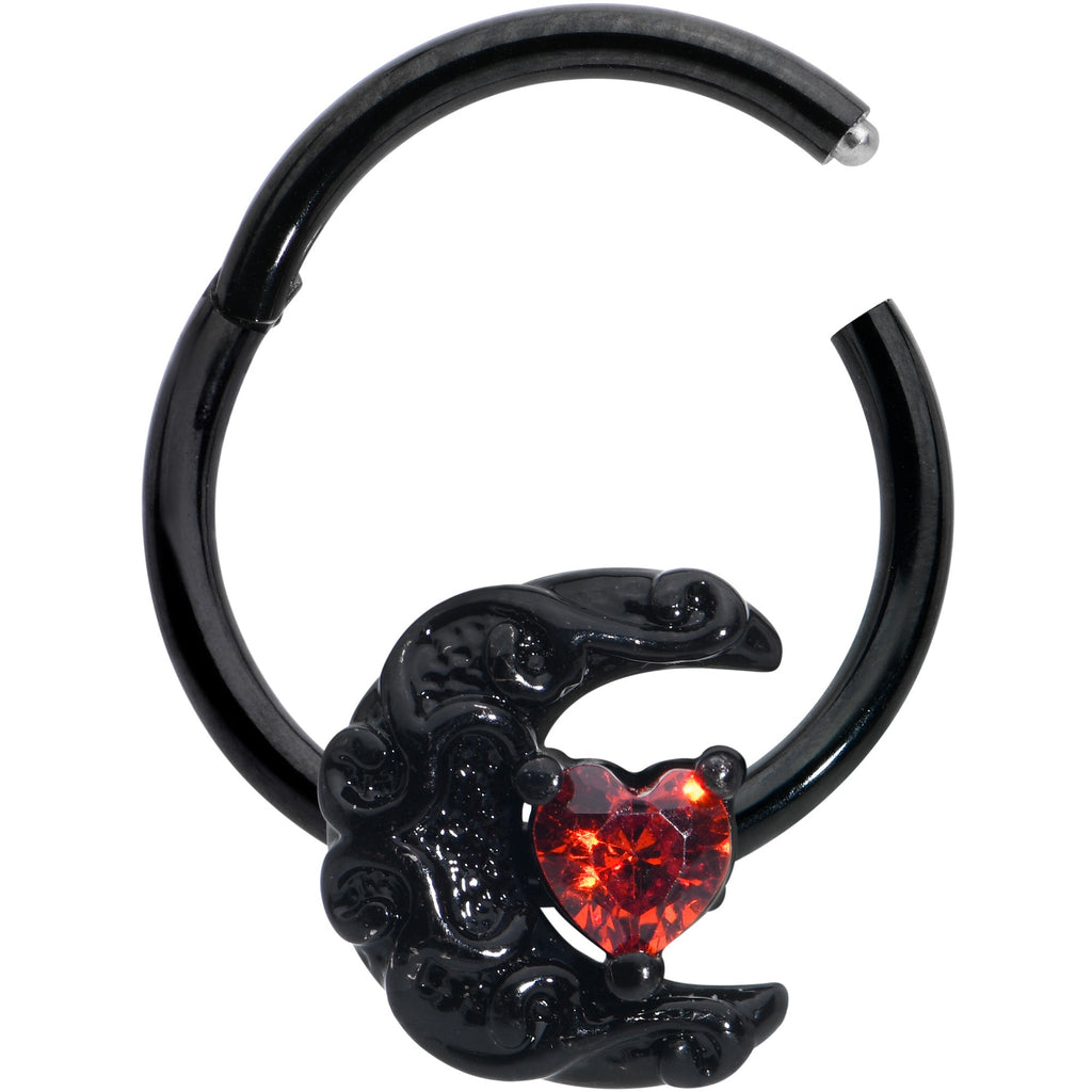 BodyCandy 16G 3/8 Red CZ Gem Black Scroll Moon Heart Hinged Segment Ring — detail close-up