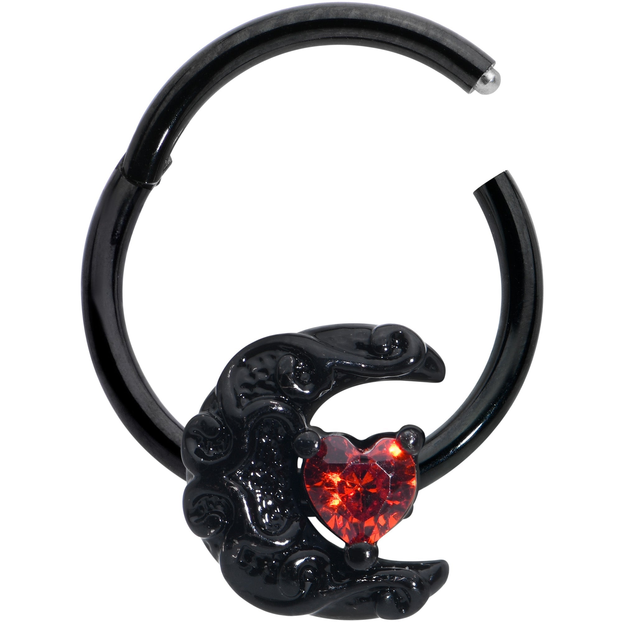 BodyCandy 16G 3/8 Red CZ Gem Black Scroll Moon Heart Hinged Segment Ring — detail close-up