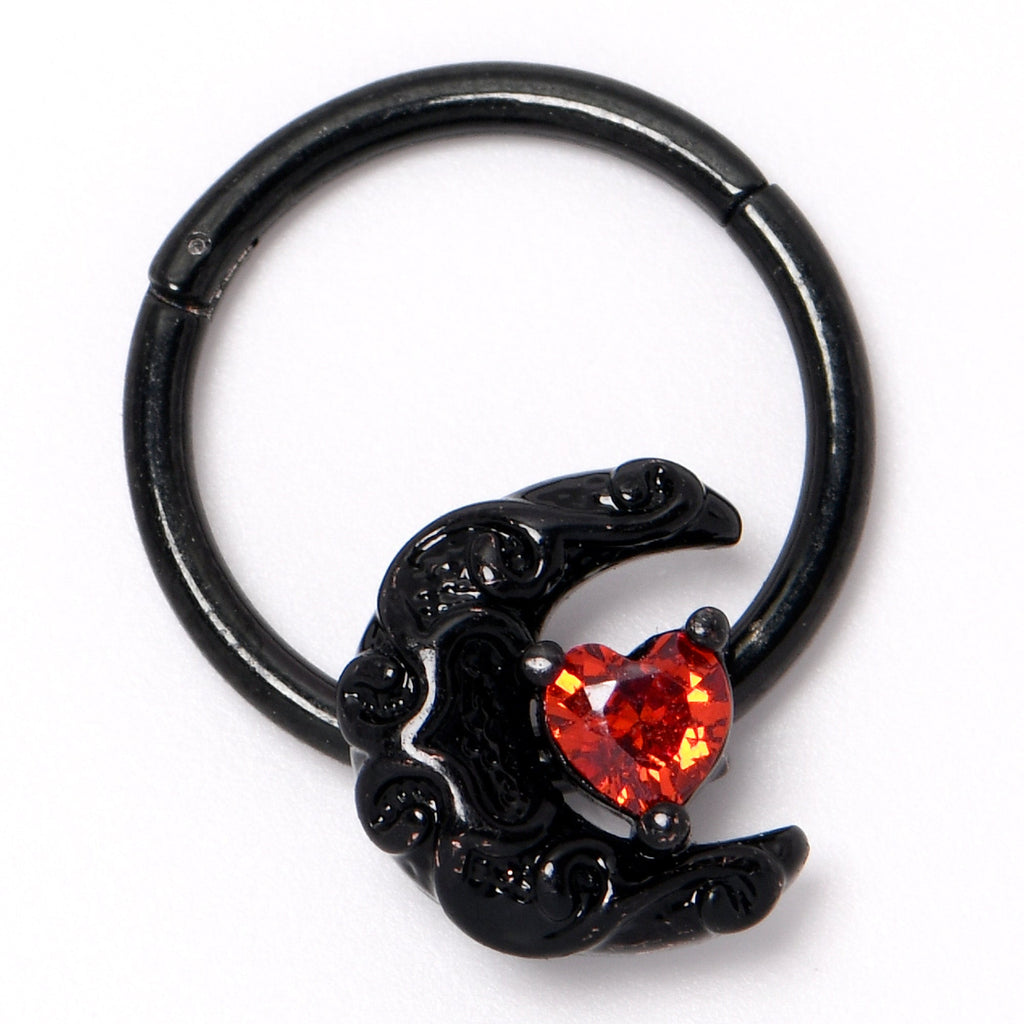 BodyCandy 16G 3/8 Red CZ Gem Black Scroll Moon Heart Hinged Segment Ring — side view