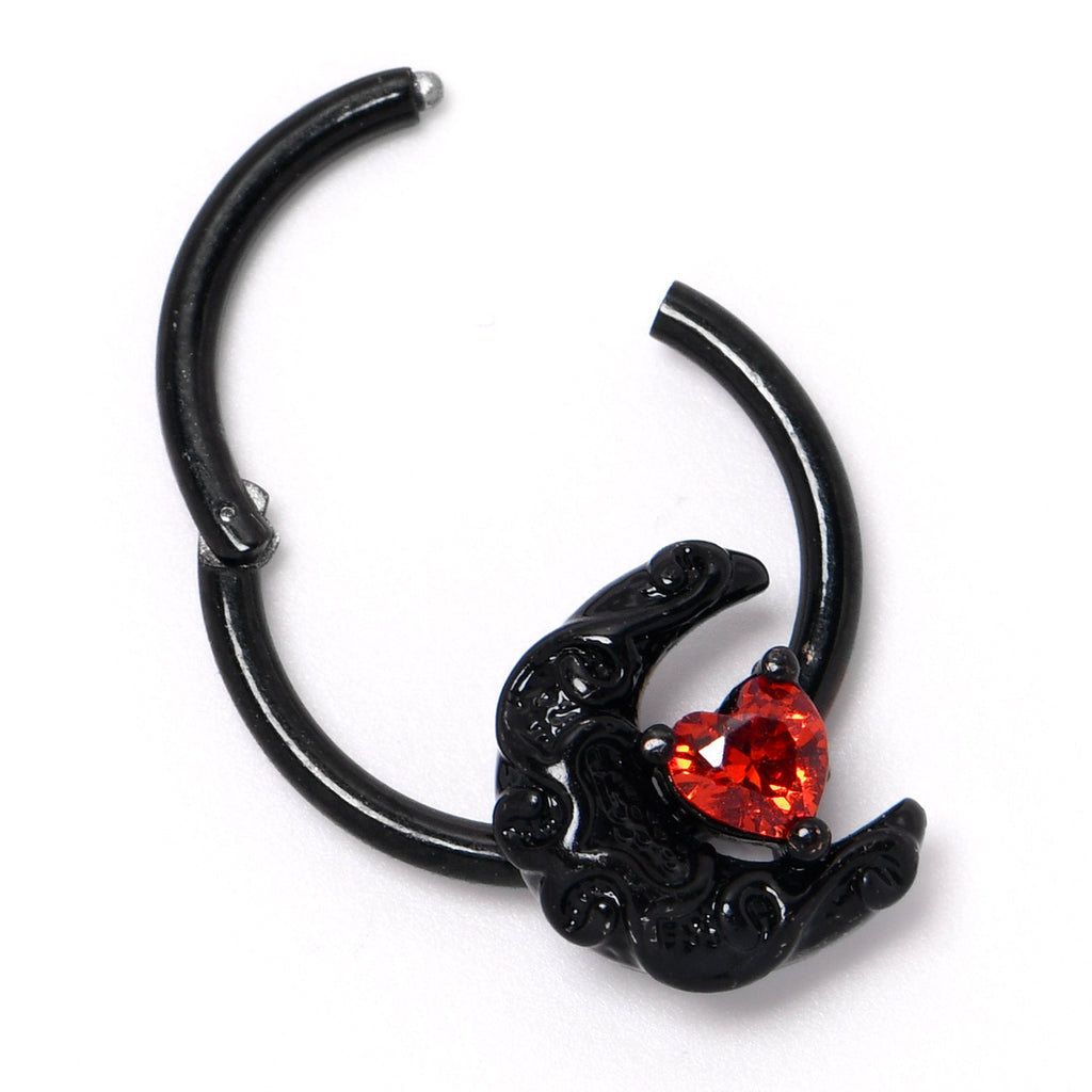 BodyCandy 16G 3/8 Red CZ Gem Black Scroll Moon Heart Hinged Segment Ring — back view