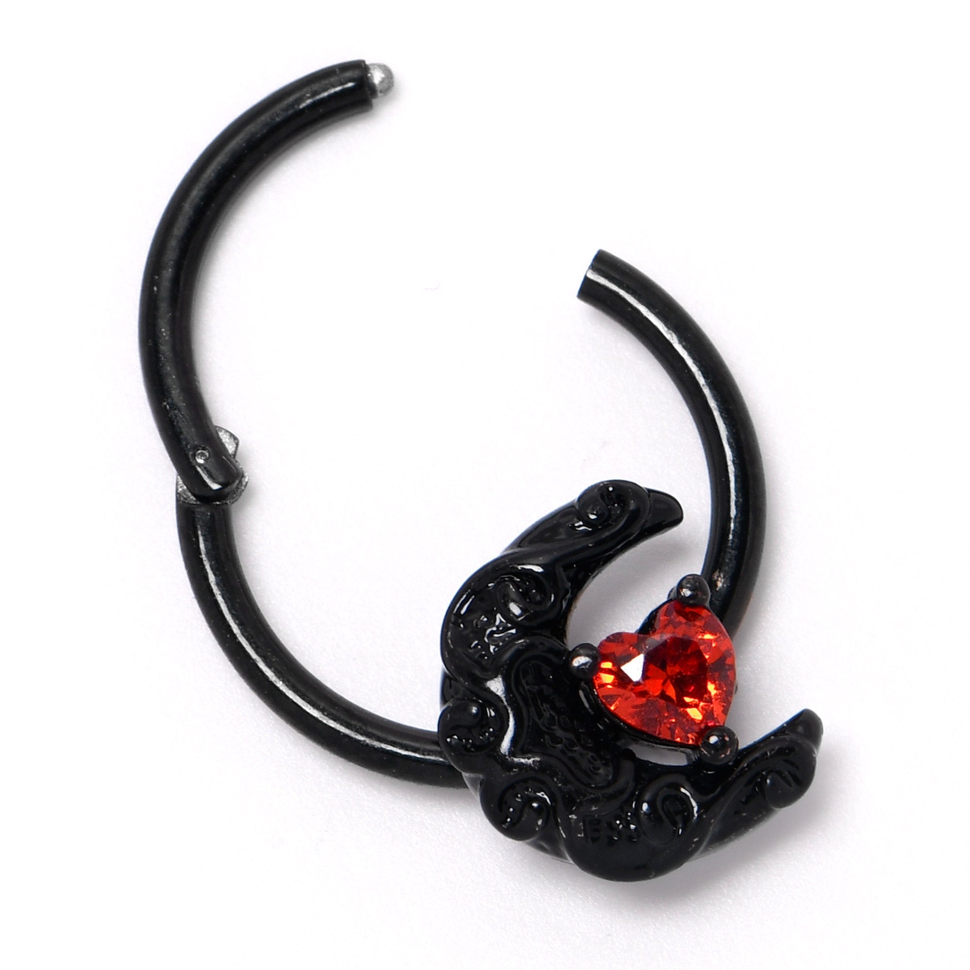 BodyCandy 16G 3/8 Red CZ Gem Black Scroll Moon Heart Hinged Segment Ring — back view
