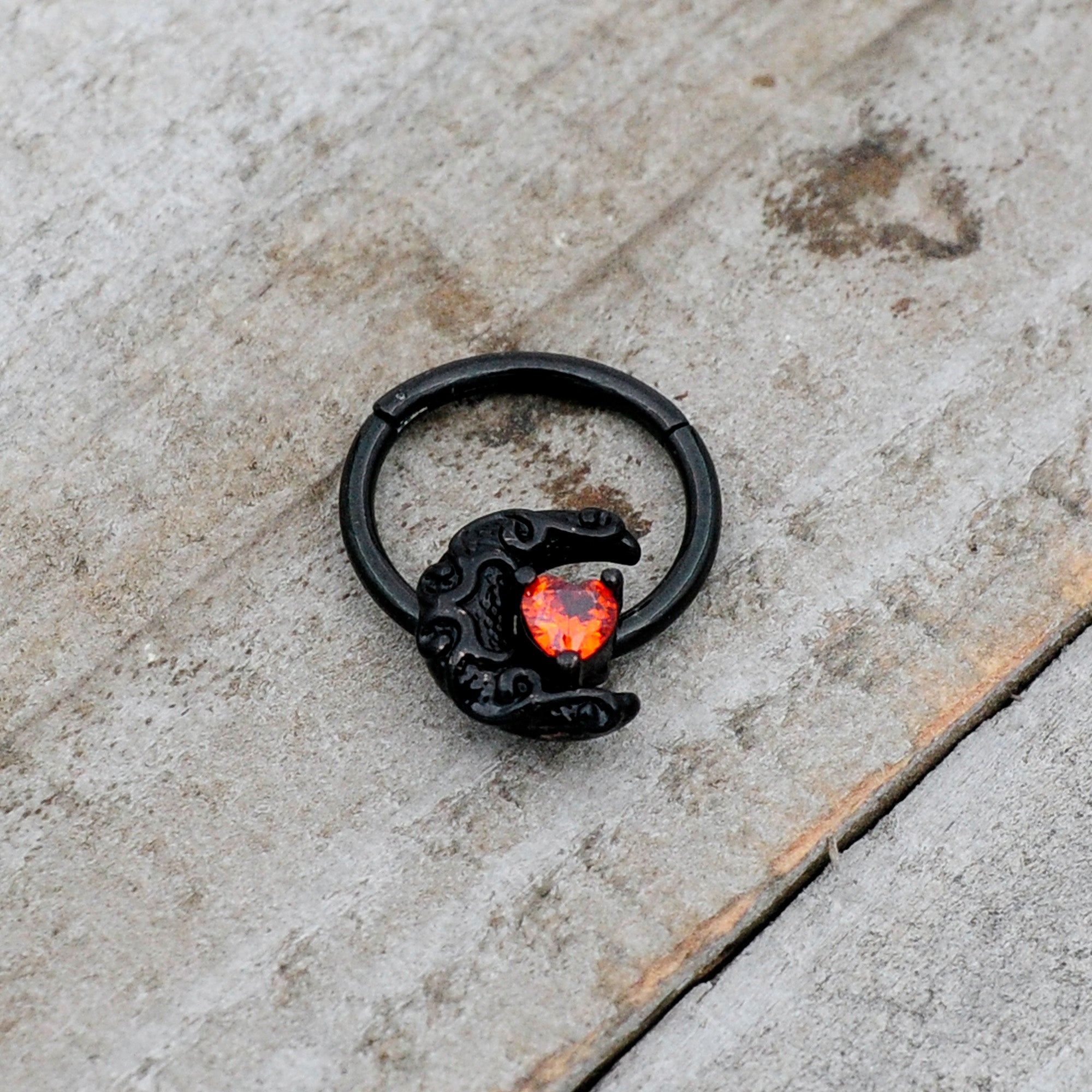 BodyCandy 16G 3/8 Red CZ Gem Black Scroll Moon Heart Hinged Segment Ring — alternative angle