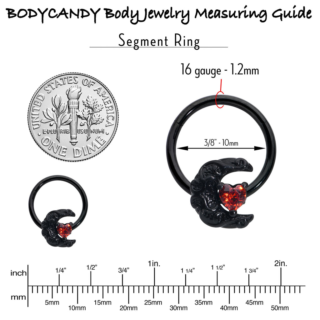 BodyCandy 16G 3/8 Red CZ Gem Black Scroll Moon Heart Hinged Segment Ring — in-use photo