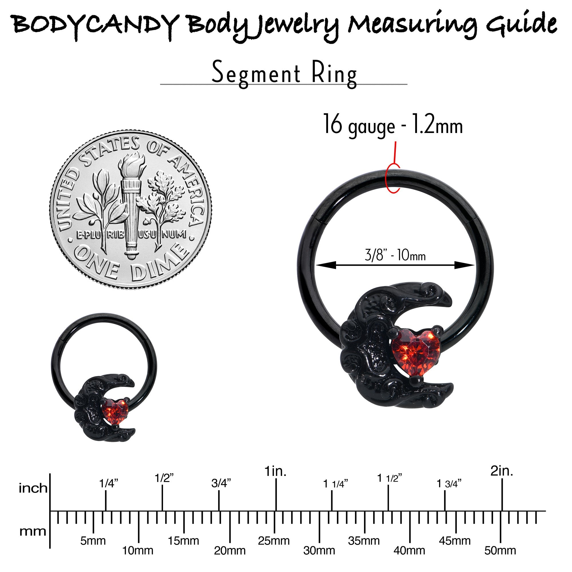 BodyCandy 16G 3/8 Red CZ Gem Black Scroll Moon Heart Hinged Segment Ring — in-use photo