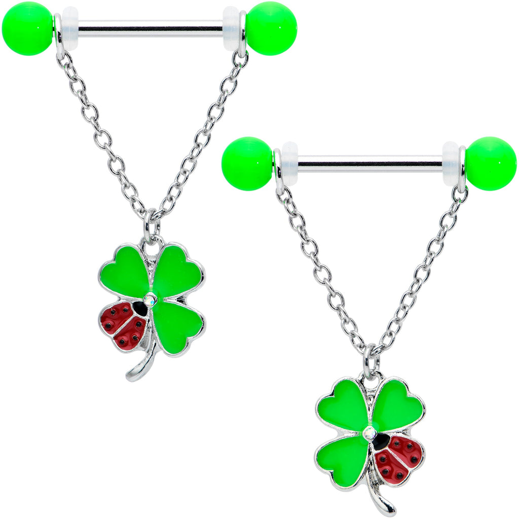 BodyCandy 14G 11/16 Ladybug Shamrock UV Glow Chain Dangle Nipple Ring Set — main product shot