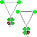 BodyCandy 14G 11/16 Ladybug Shamrock UV Glow Chain Dangle Nipple Ring Set — main product shot