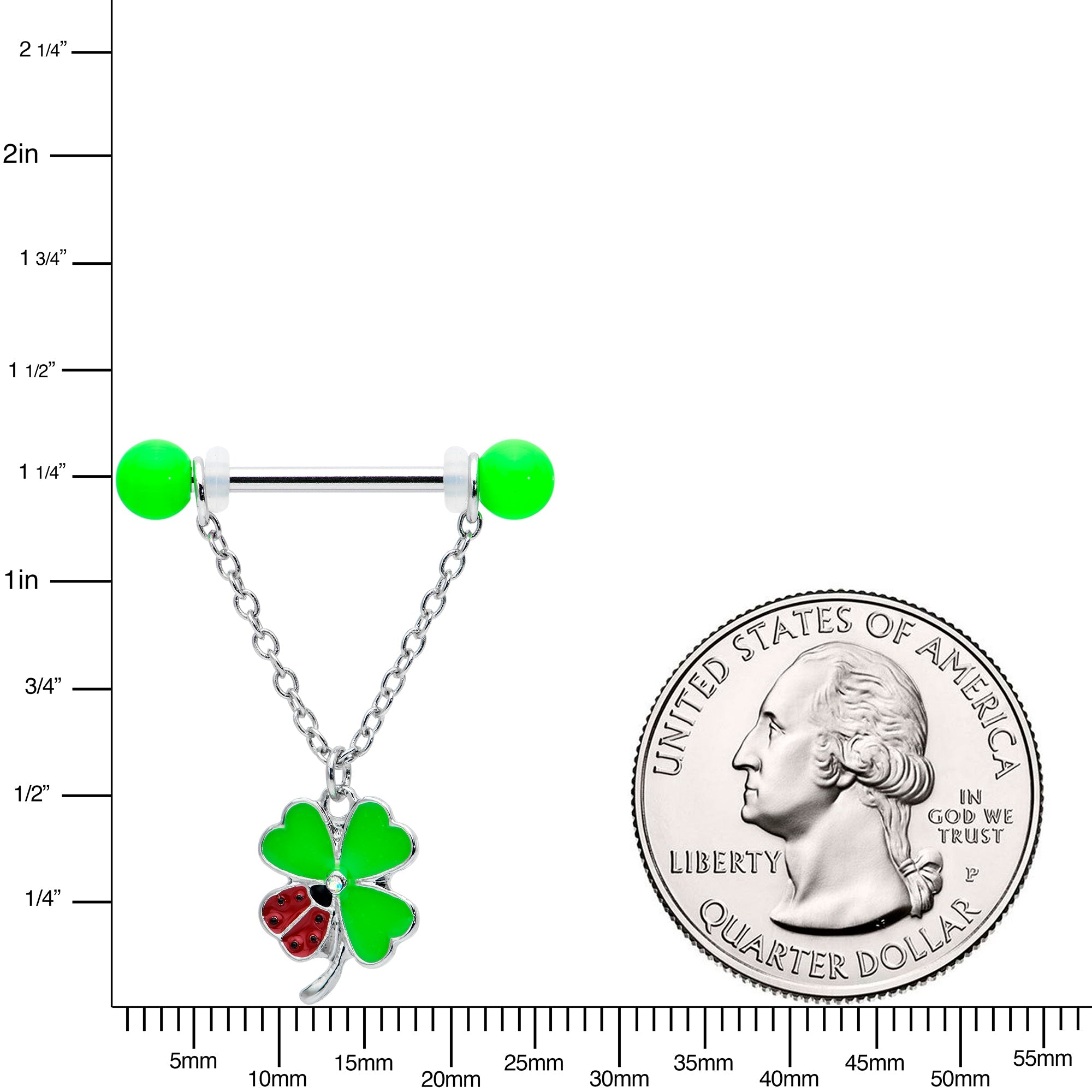 BodyCandy 14G 11/16 Ladybug Shamrock UV Glow Chain Dangle Nipple Ring Set — lifestyle context