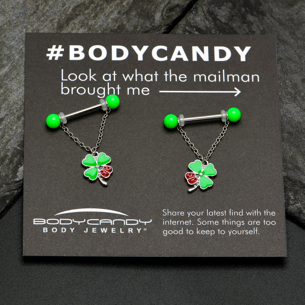 BodyCandy 14G 11/16 Ladybug Shamrock UV Glow Chain Dangle Nipple Ring Set — side view