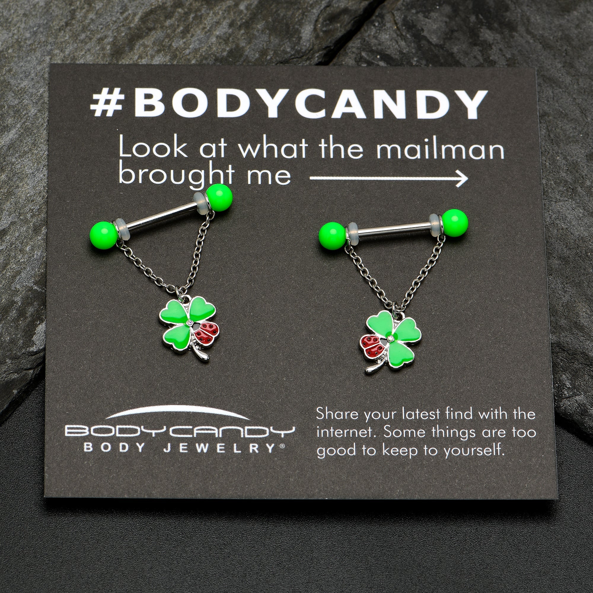BodyCandy 14G 11/16 Ladybug Shamrock UV Glow Chain Dangle Nipple Ring Set — side view