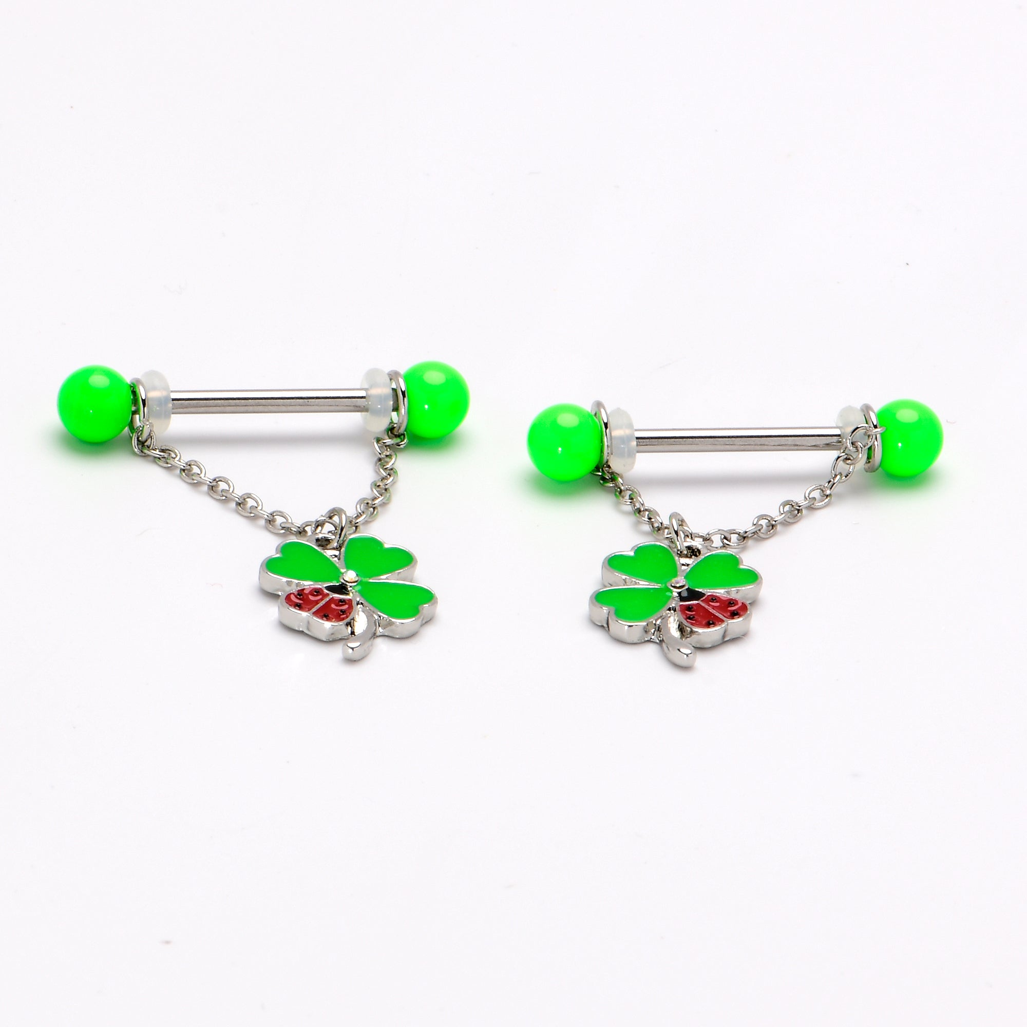 BodyCandy 14G 11/16 Ladybug Shamrock UV Glow Chain Dangle Nipple Ring Set — back view