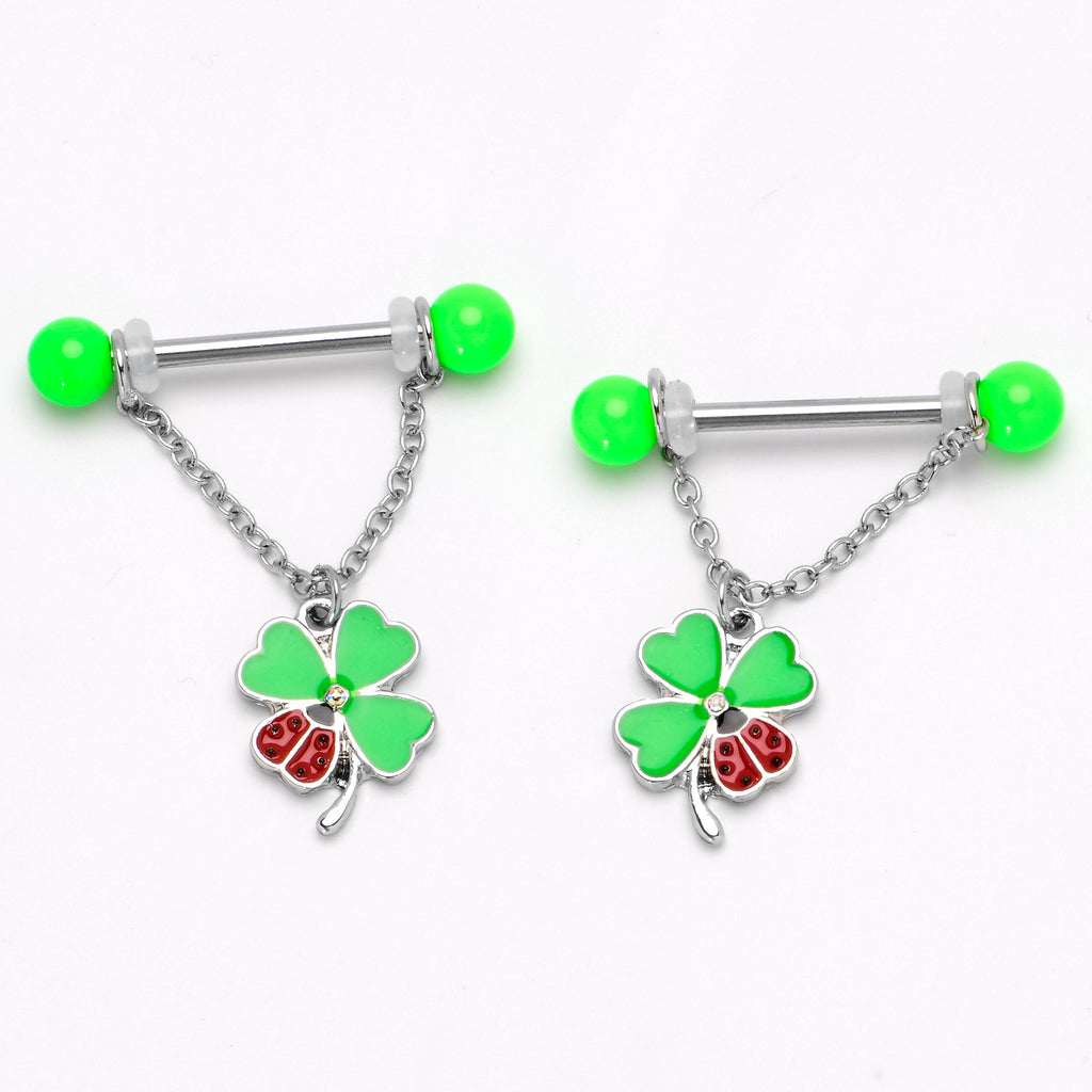 BodyCandy 14G 11/16 Ladybug Shamrock UV Glow Chain Dangle Nipple Ring Set — alternative angle