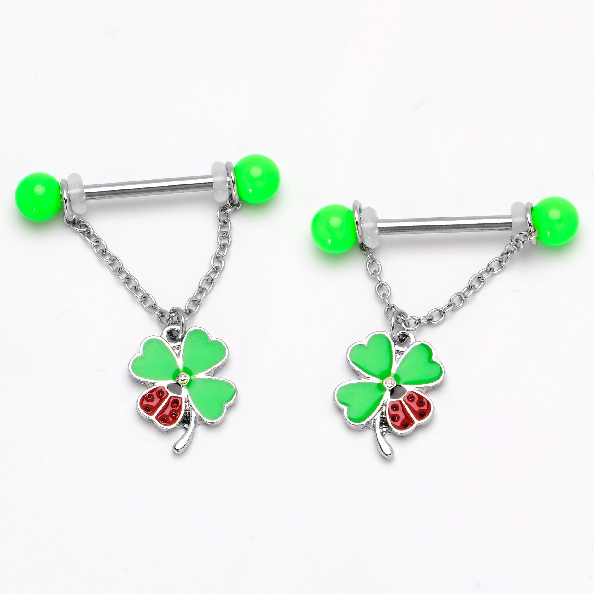 BodyCandy 14G 11/16 Ladybug Shamrock UV Glow Chain Dangle Nipple Ring Set — alternative angle
