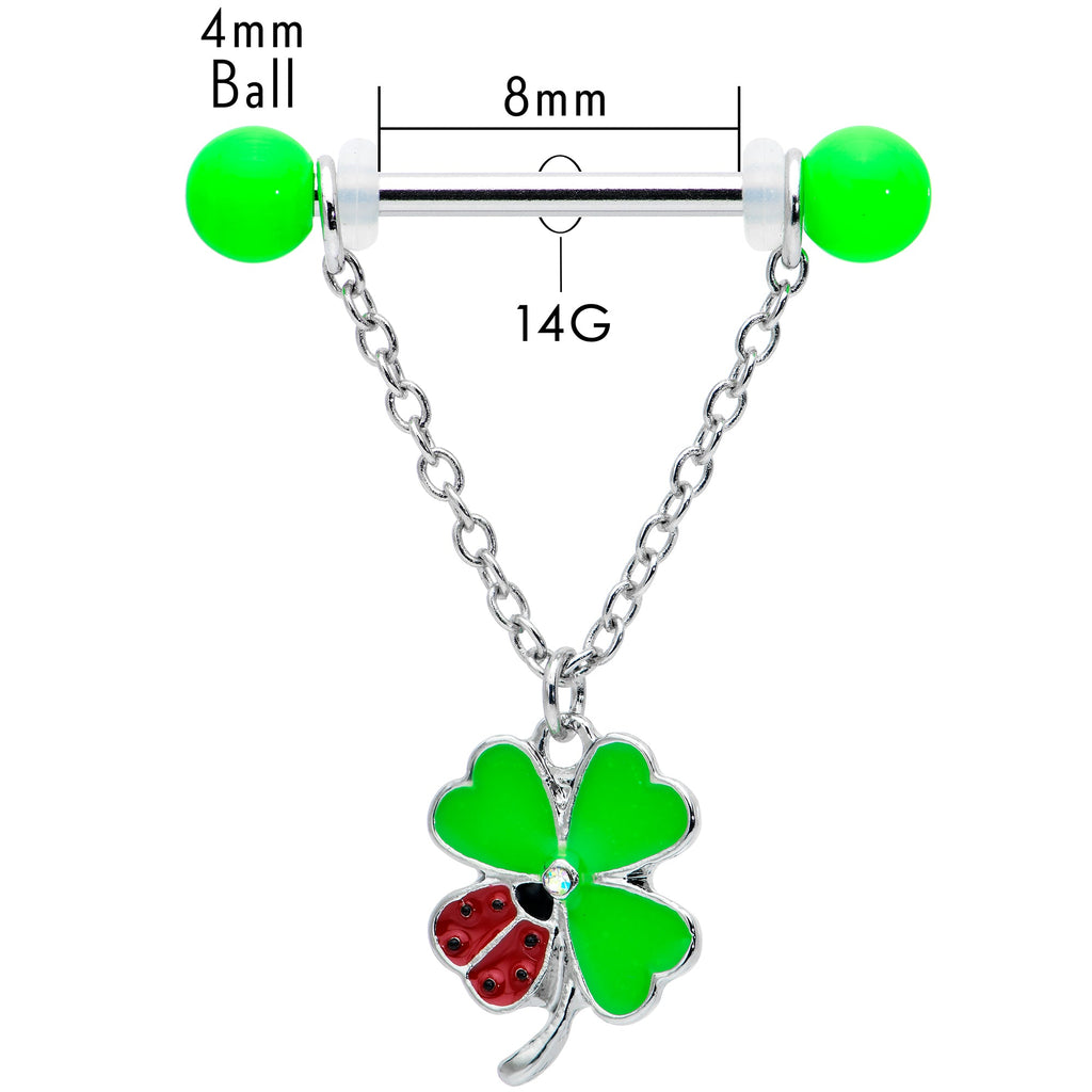 BodyCandy 14G 11/16 Ladybug Shamrock UV Glow Chain Dangle Nipple Ring Set — in-use photo