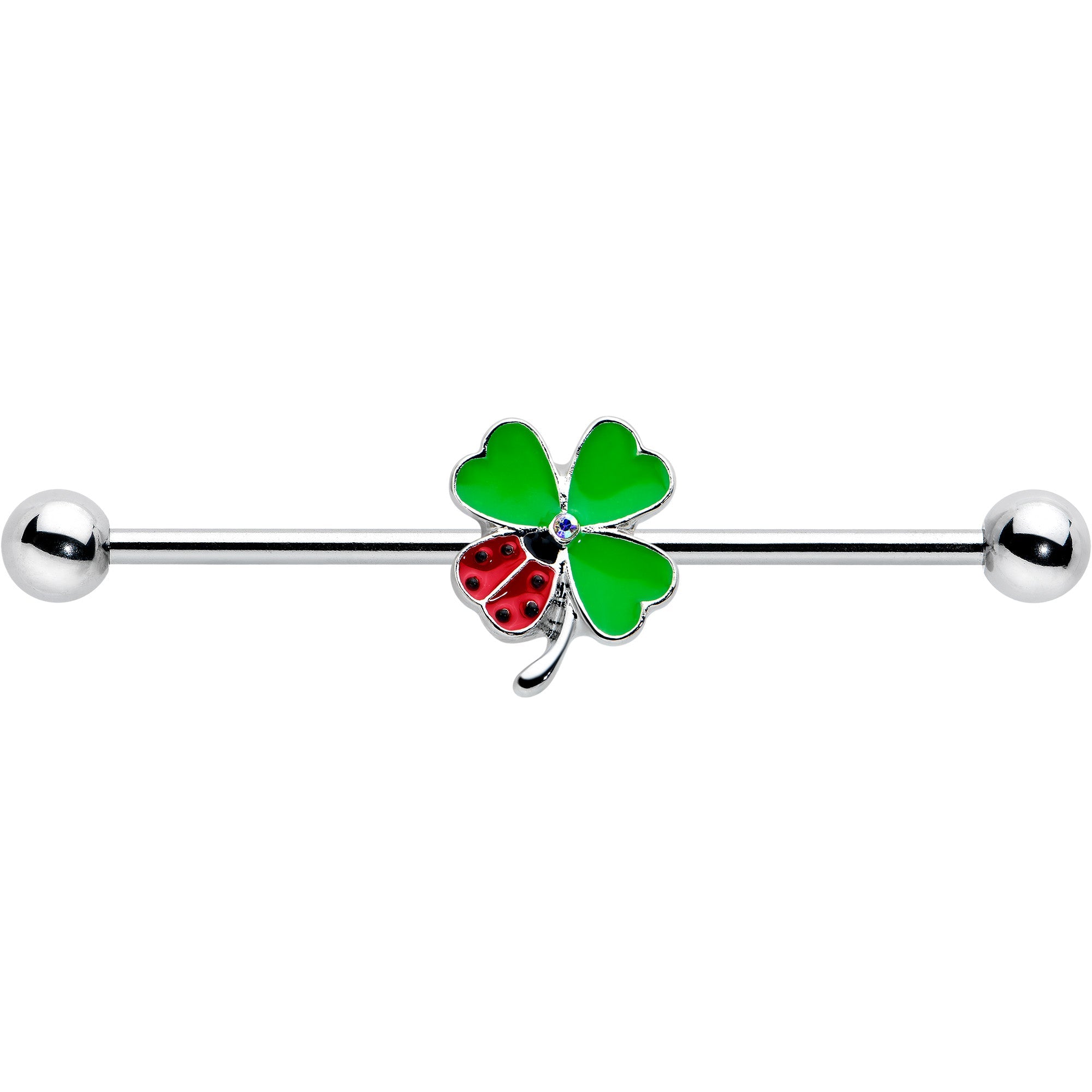 BodyCandy 14G Ladybug Shamrock St Patricks Day Industrial Barbell 38mm — detail close-up