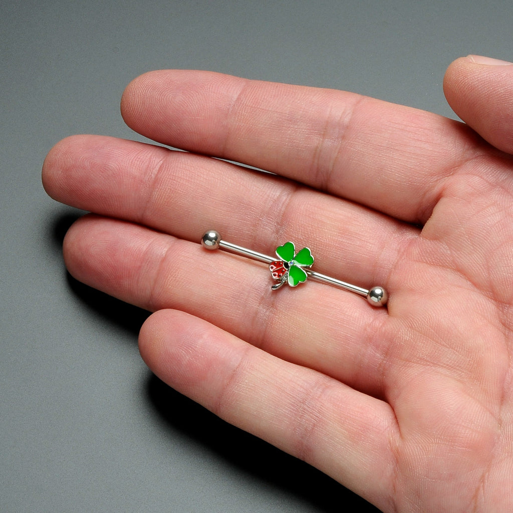 BodyCandy 14G Ladybug Shamrock St Patricks Day Industrial Barbell 38mm — in-use photo