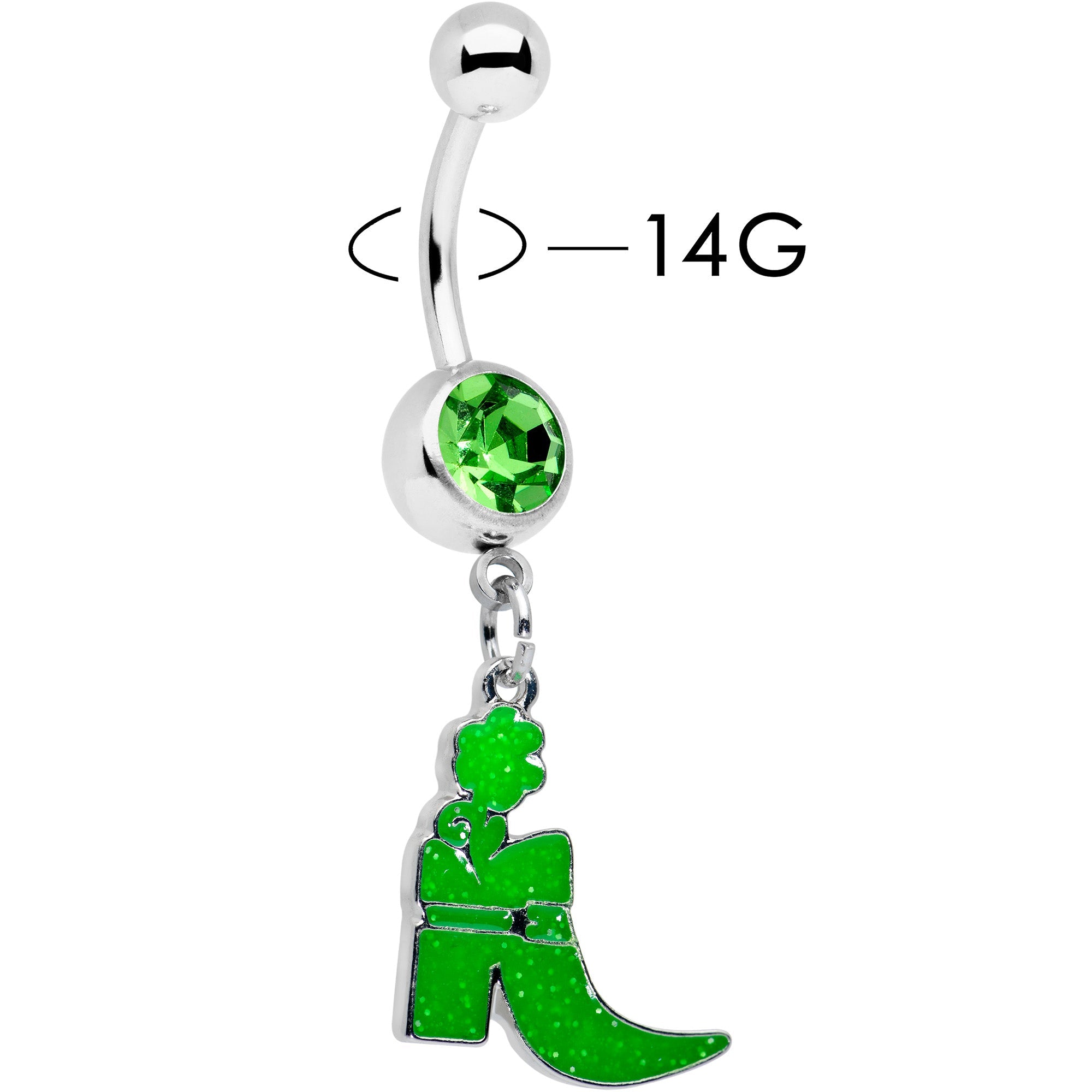 BodyCandy Green Gem Glow in Dark Leprechaun Boot St Patricks Dangle Belly Ring — detail close-up
