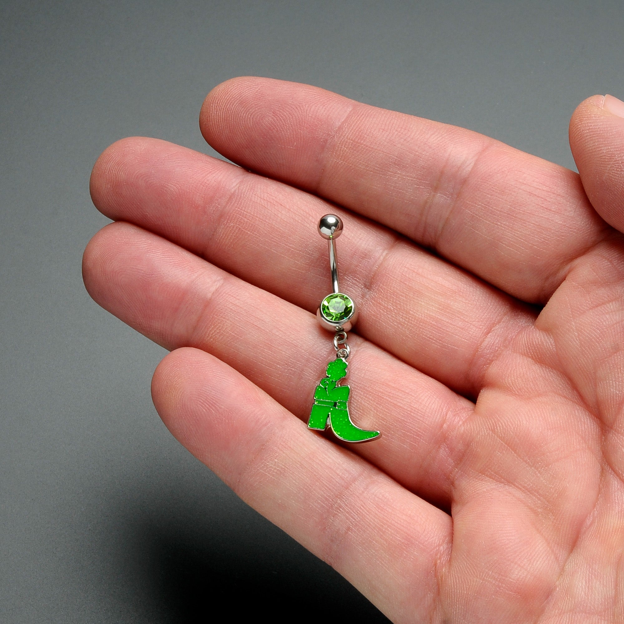 BodyCandy Green Gem Glow in Dark Leprechaun Boot St Patricks Dangle Belly Ring — in-use photo