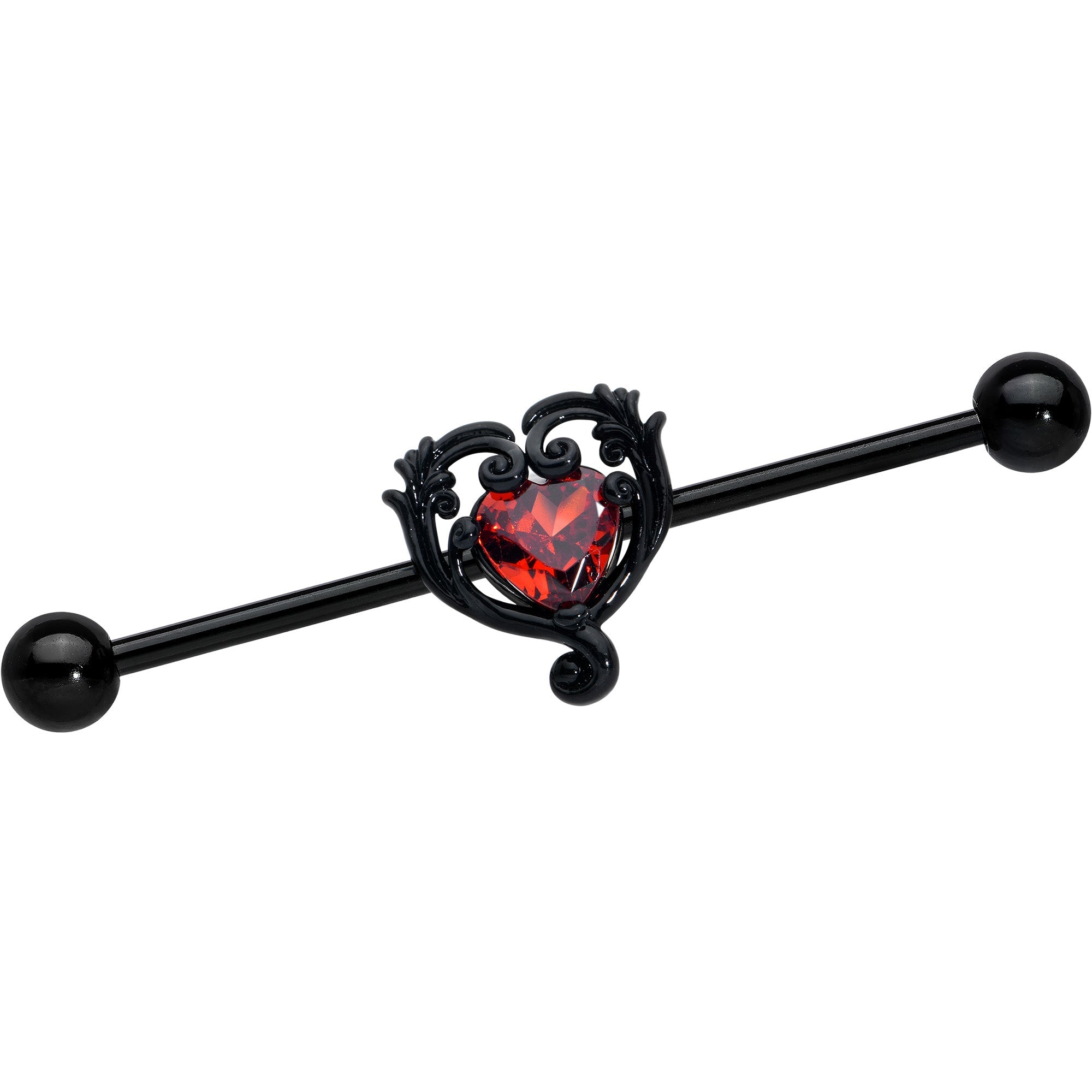 BodyCandy 14G Red CZ Gem Black Passion Heart Industrial Barbell 38mm — main product shot