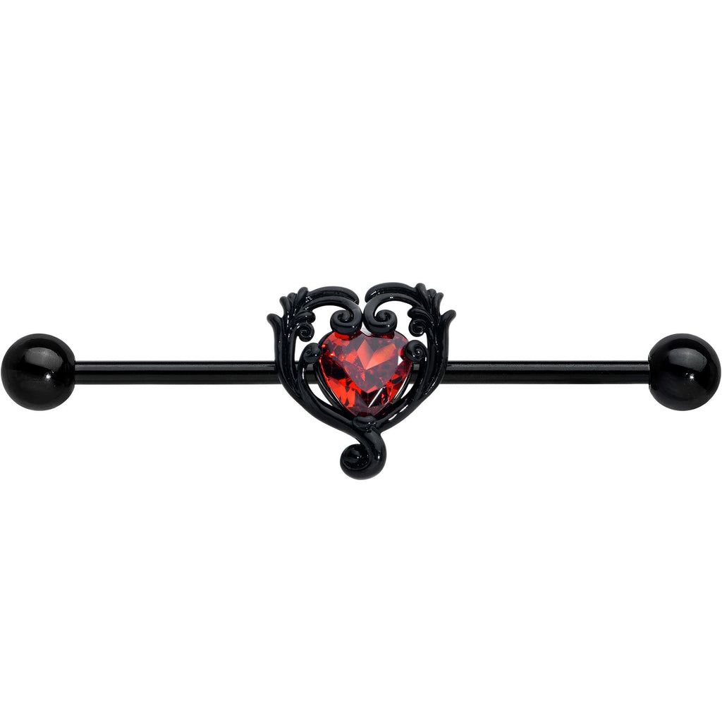 BodyCandy 14G Red CZ Gem Black Passion Heart Industrial Barbell 38mm — detail close-up