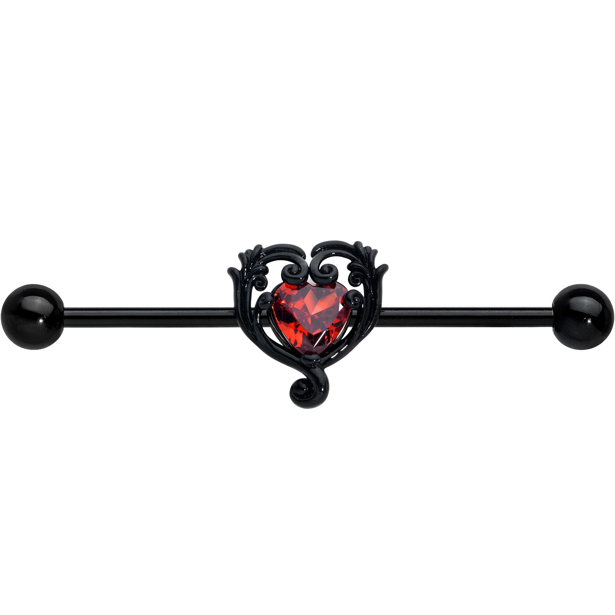 BodyCandy 14G Red CZ Gem Black Passion Heart Industrial Barbell 38mm — detail close-up