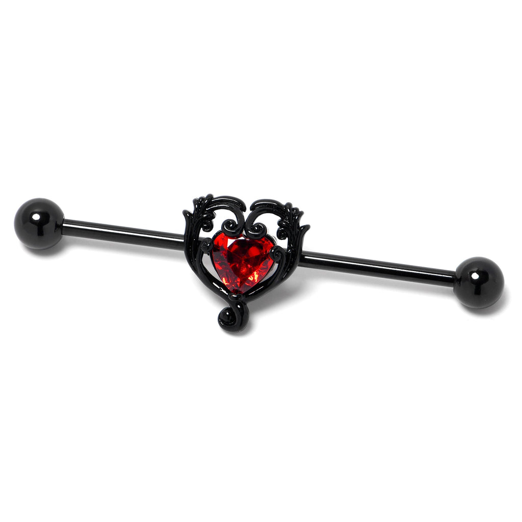BodyCandy 14G Red CZ Gem Black Passion Heart Industrial Barbell 38mm — side view