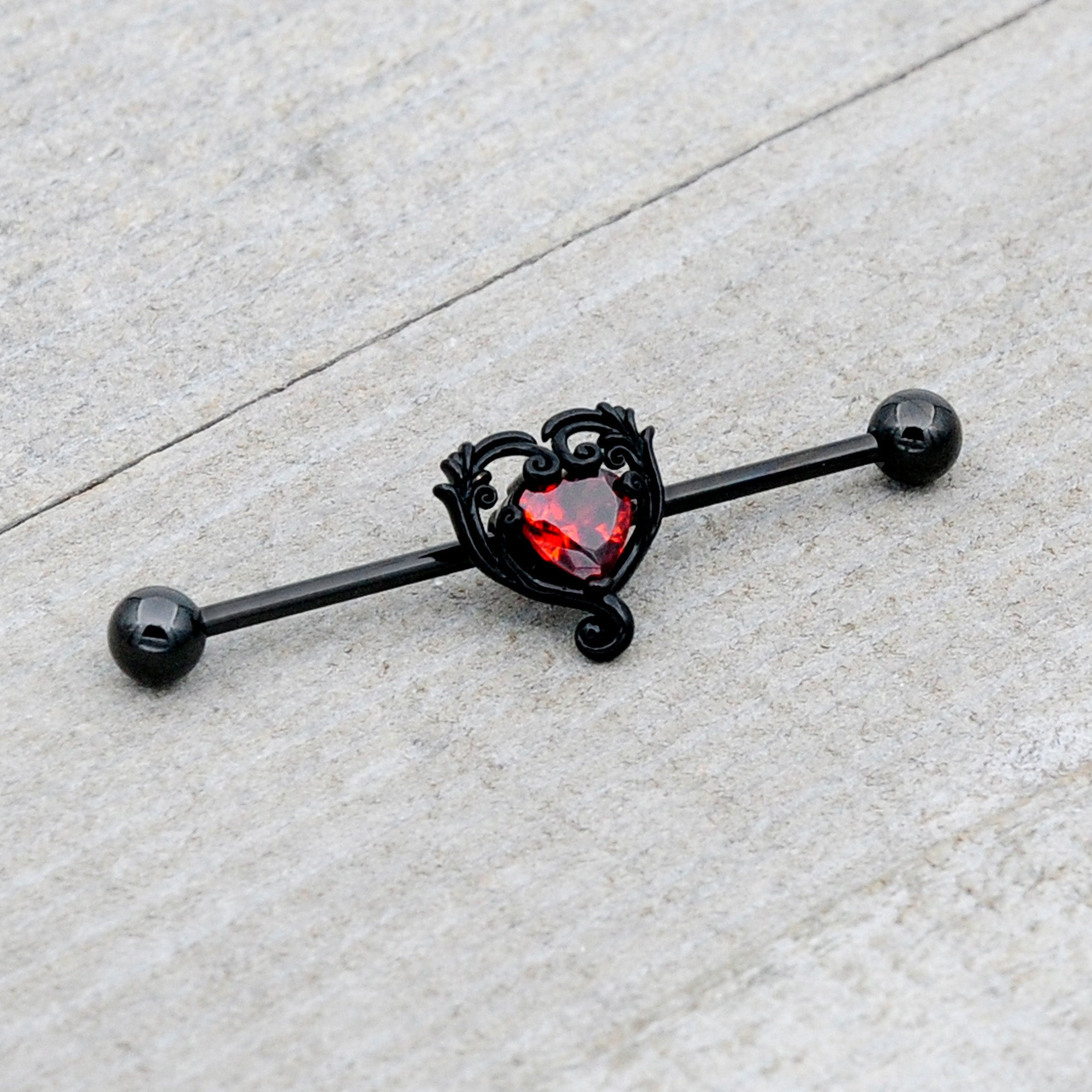 BodyCandy 14G Red CZ Gem Black Passion Heart Industrial Barbell 38mm — alternative angle