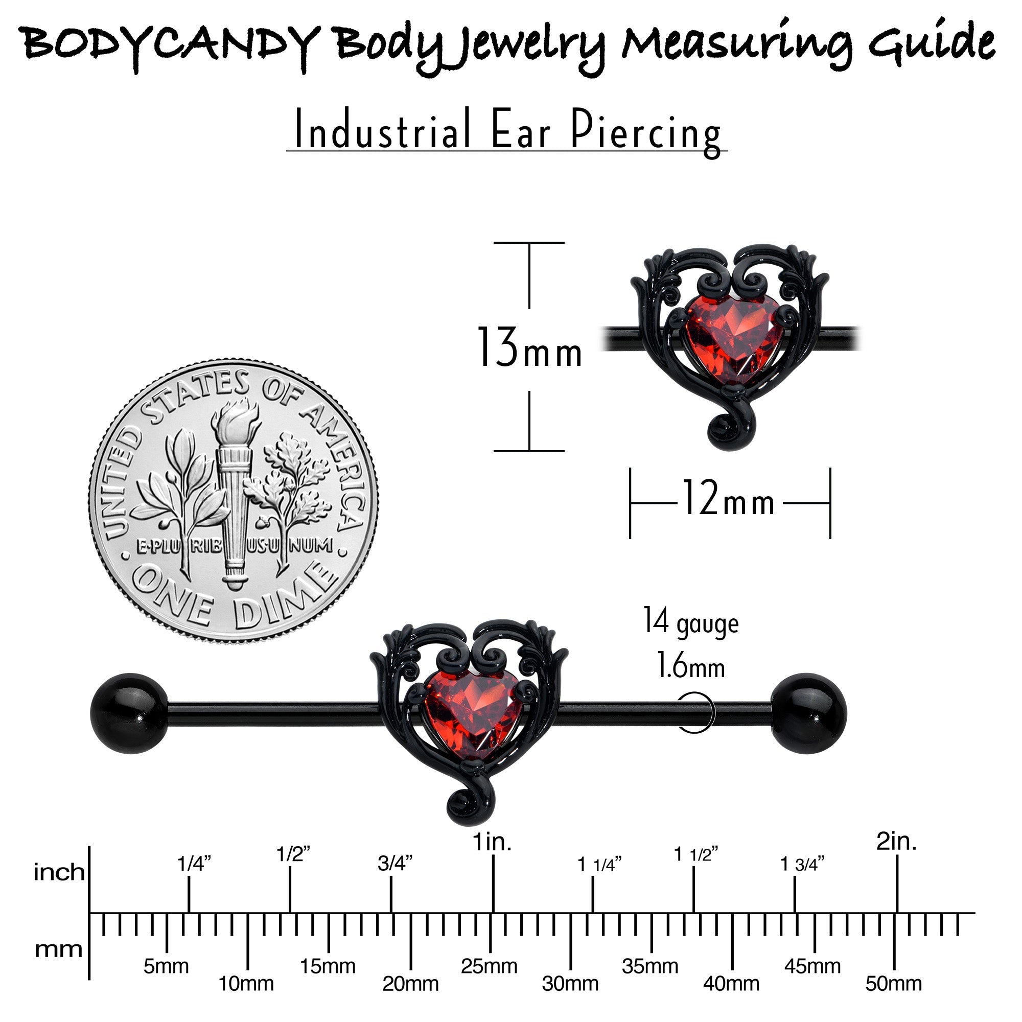 BodyCandy 14G Red CZ Gem Black Passion Heart Industrial Barbell 38mm — in-use photo