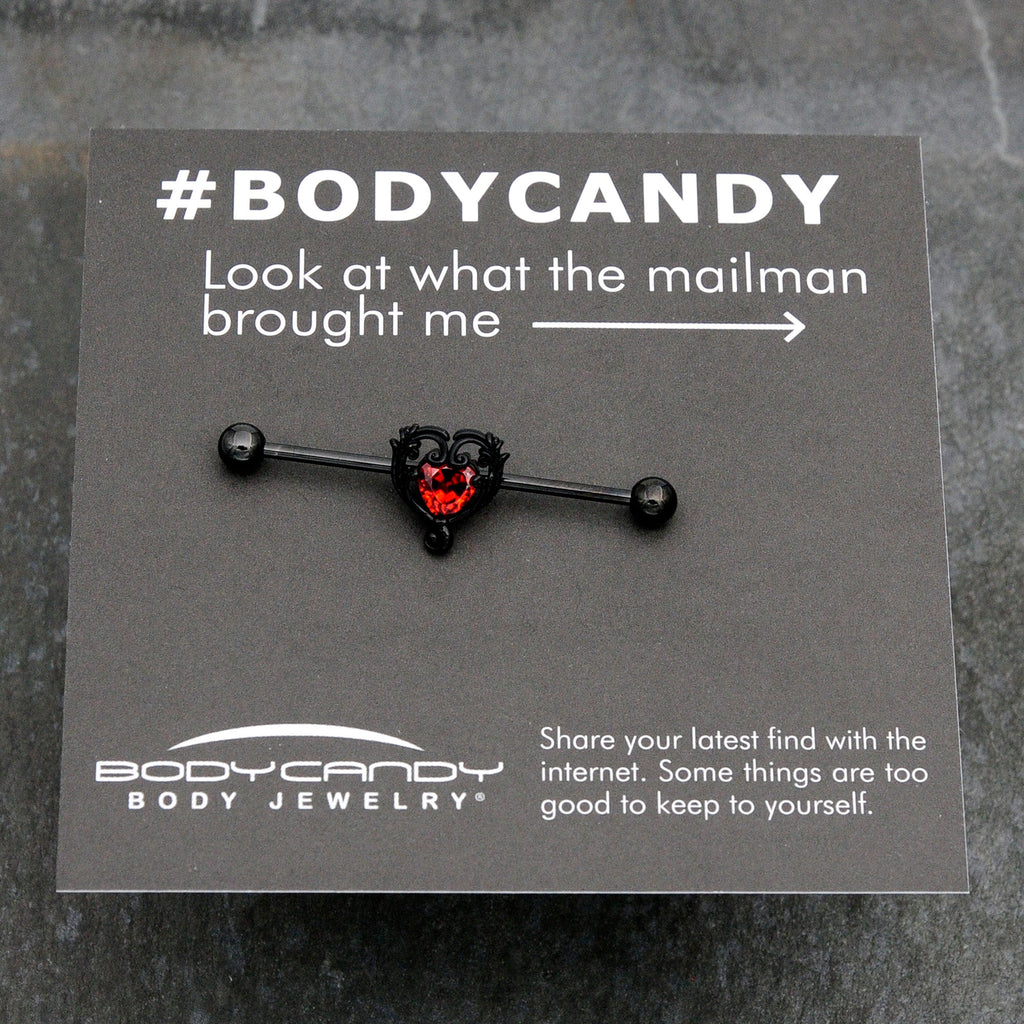 BodyCandy 14G Red CZ Gem Black Passion Heart Industrial Barbell 38mm — size reference