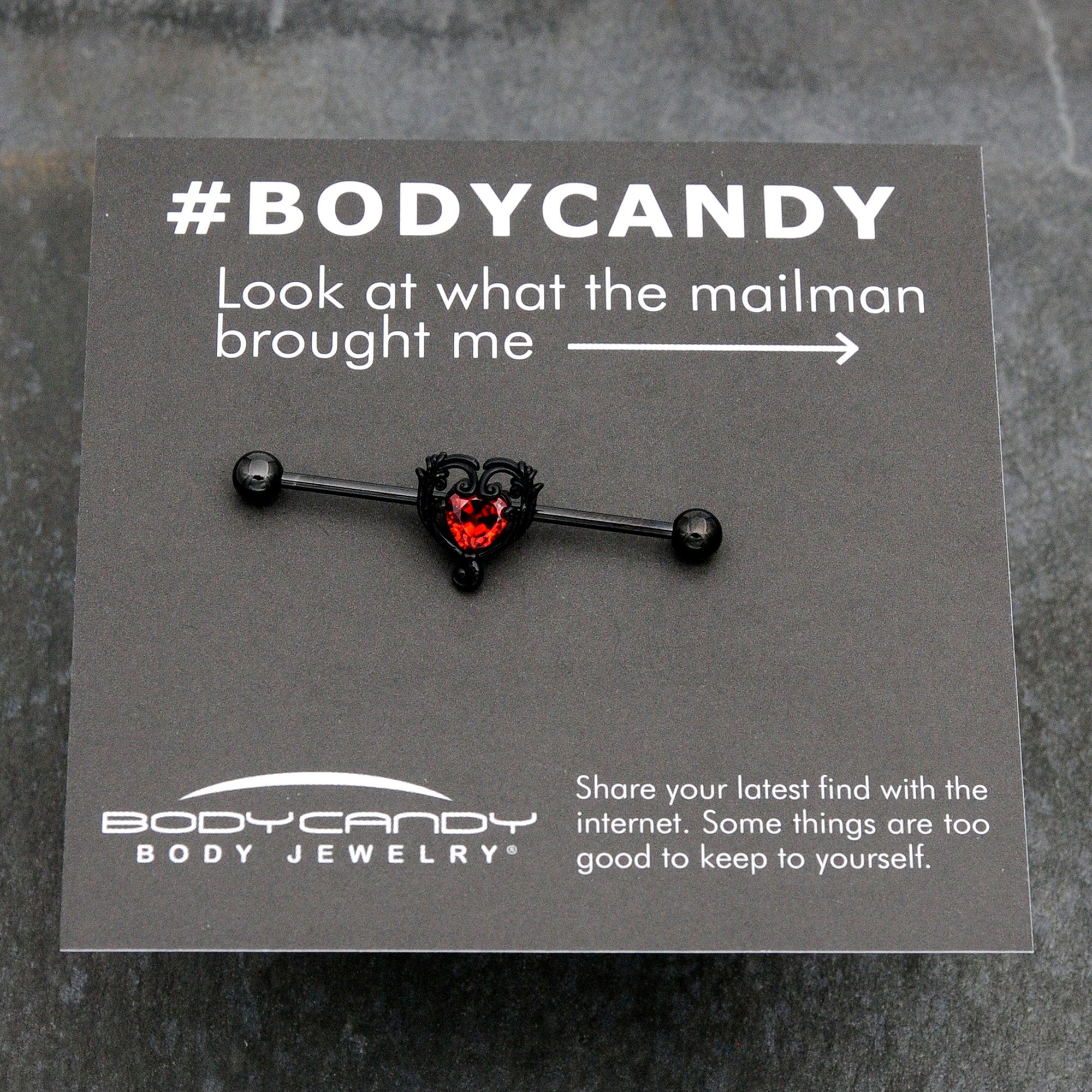 BodyCandy 14G Red CZ Gem Black Passion Heart Industrial Barbell 38mm — size reference