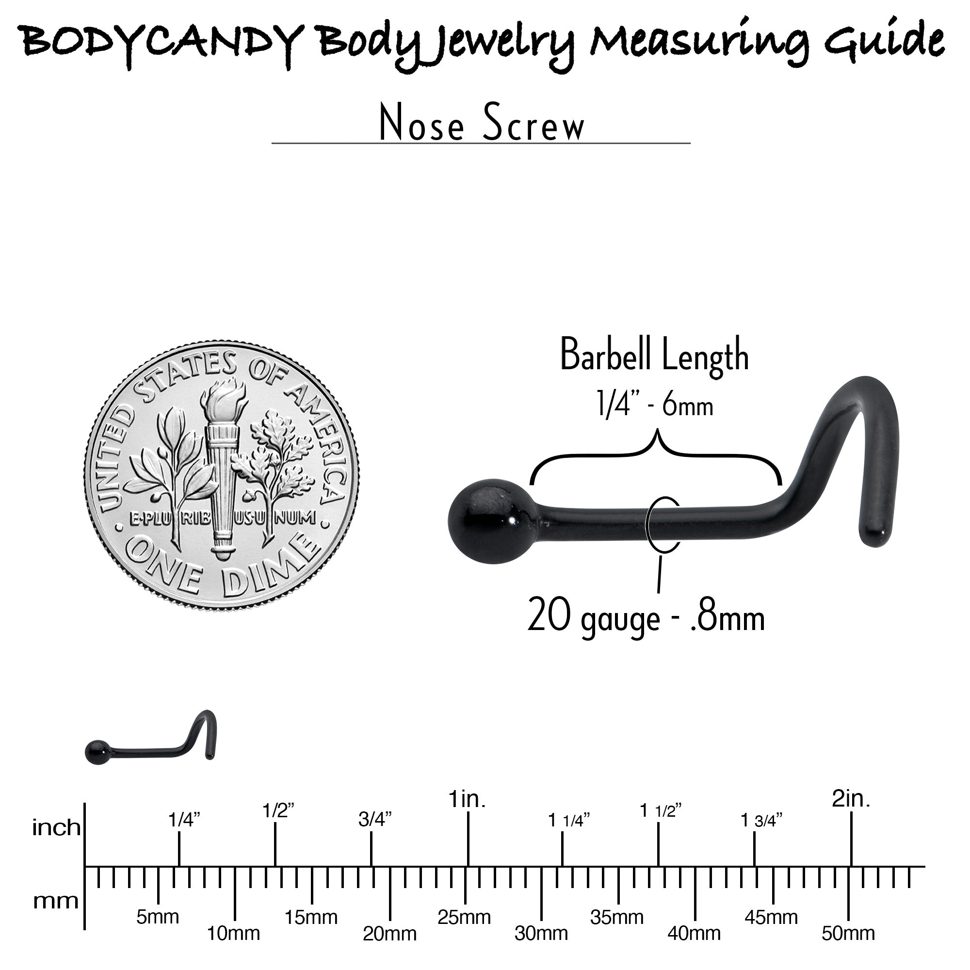 BodyCandy 20G 1/4 Black ASTM F-136 Implant Grade Titanium Ball End Left Side Nose Screw — side view