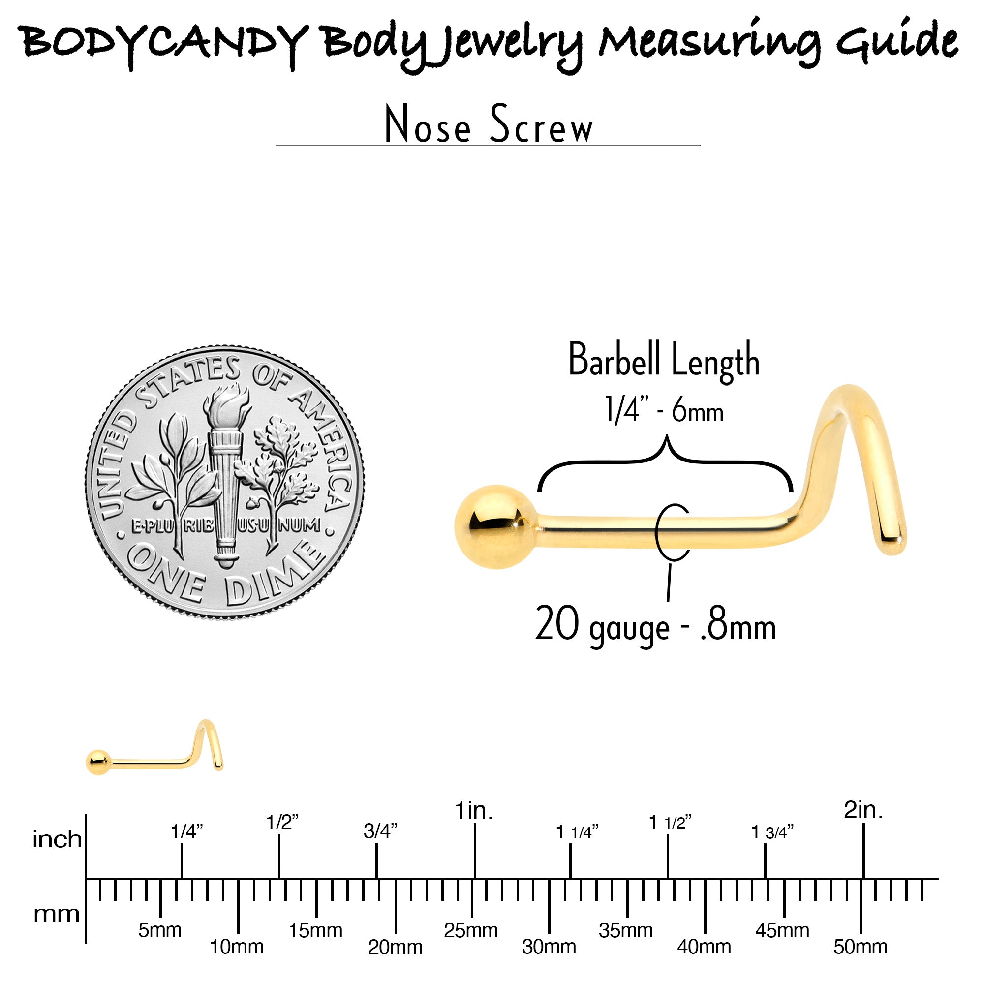 BodyCandy 20G 1/4 Gold Hue ASTM F-136 Implant Grade Titanium Ball End Left Side Nose Screw — side view