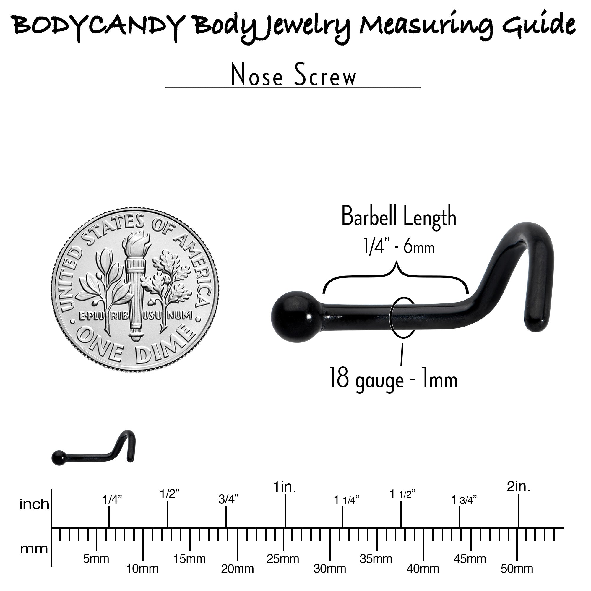 BodyCandy 18G 1/4 Black ASTM F-136 Implant Grade Titanium Ball End Left Side Nose Screw — side view