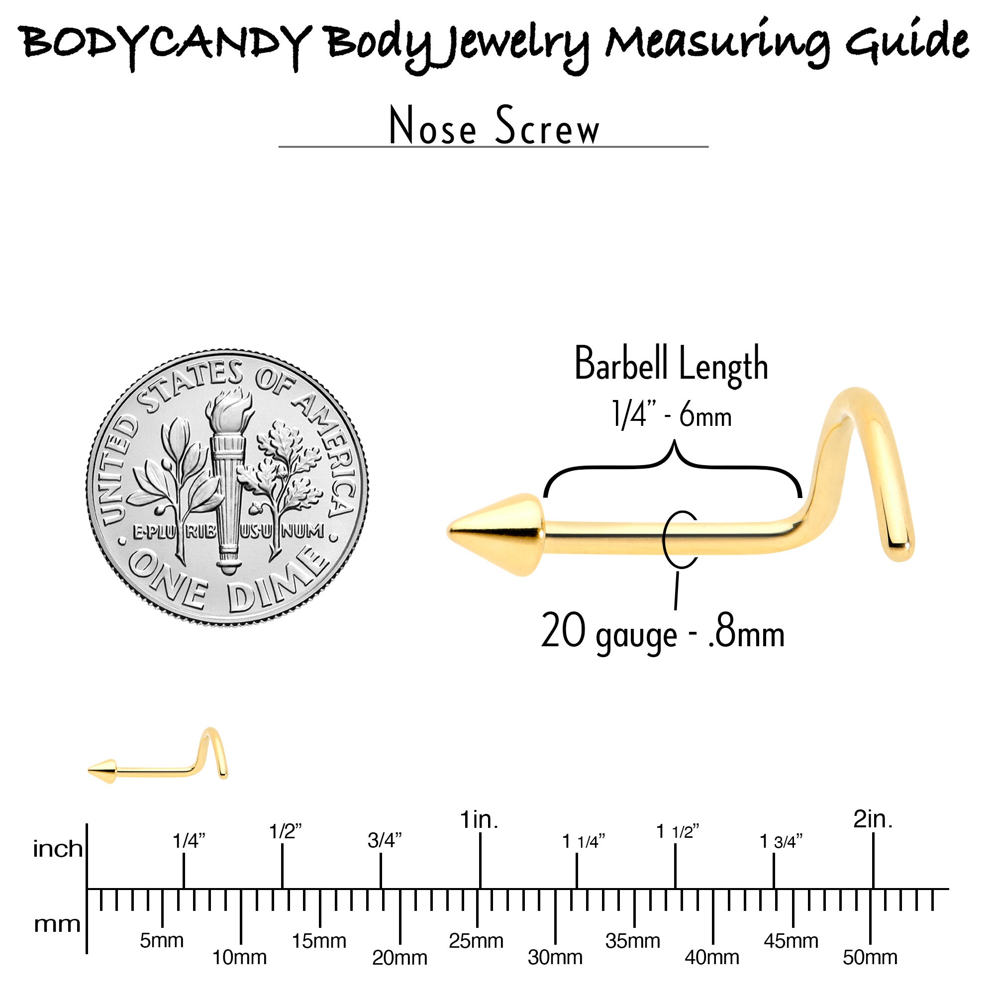 BodyCandy 20G 1/4 Gold Hue ASTM F-136 Implant Grade Titanium Cone End Left Side Nose Screw — side view