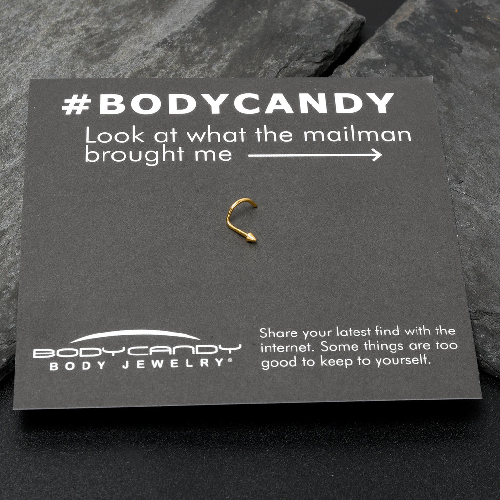 BodyCandy 20G 1/4 Gold Hue ASTM F-136 Implant Grade Titanium Cone End Left Side Nose Screw — in-use photo