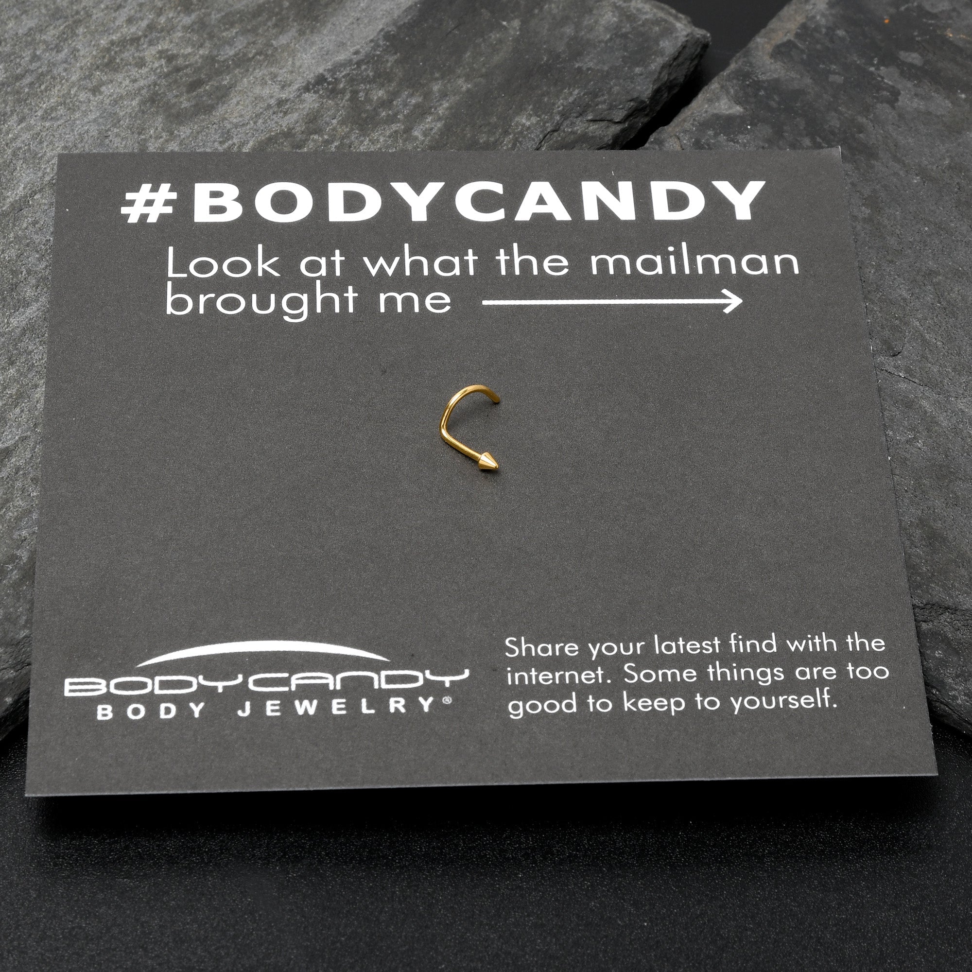 BodyCandy 20G 1/4 Gold Hue ASTM F-136 Implant Grade Titanium Cone End Left Side Nose Screw — in-use photo